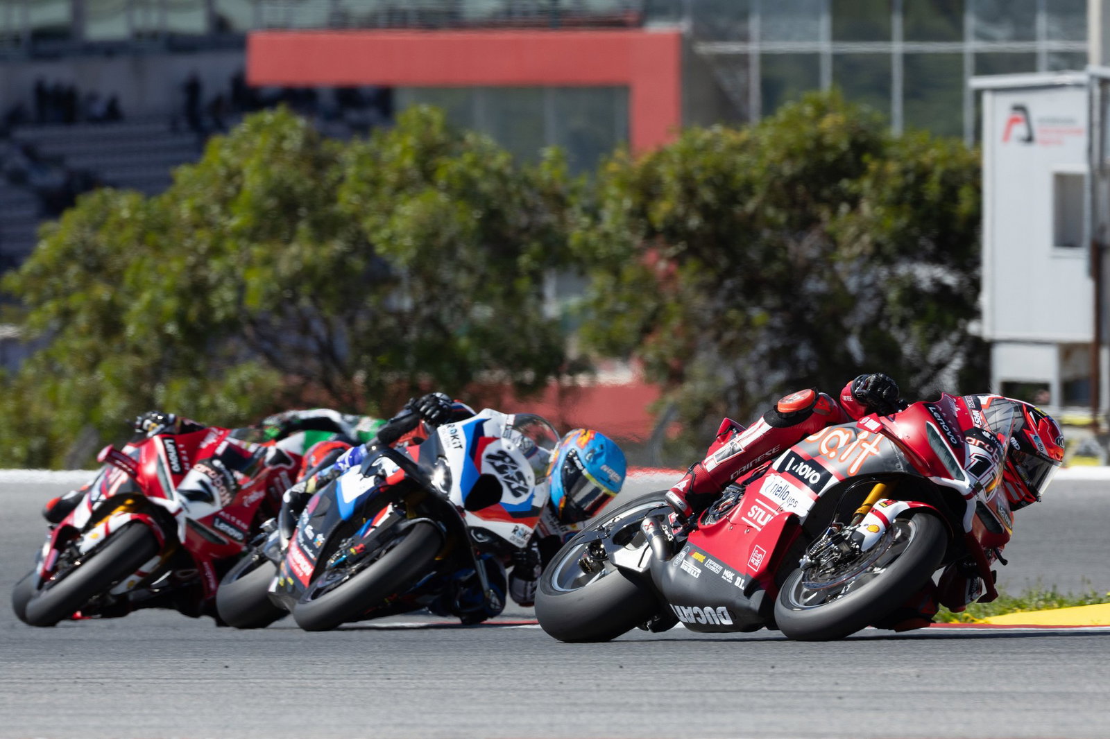 Nicolo Bulega leads Miguel Oliveira, Iker Lecuona, 2026 Portuguese WorldSBK. Credit: Gold and Goose.