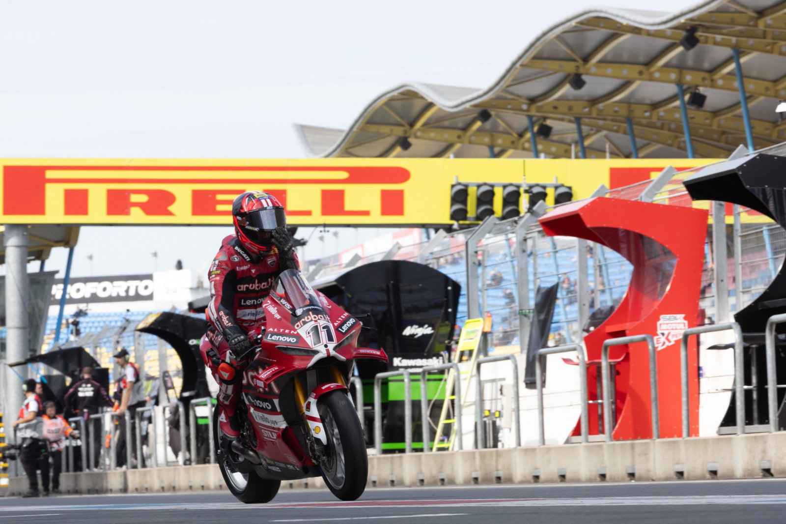 Nicolo Bulega, 2026 Dutch WorldSBK, leaving pit box. Credit: Gold and Goose.