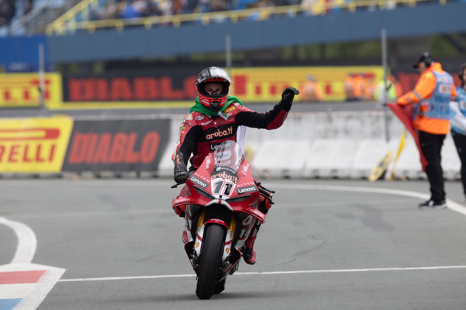 Nicolo Bulega celebrates after winning 2026 Dutch WorldSBK Superpole Race. Credit: Gold and Goose.