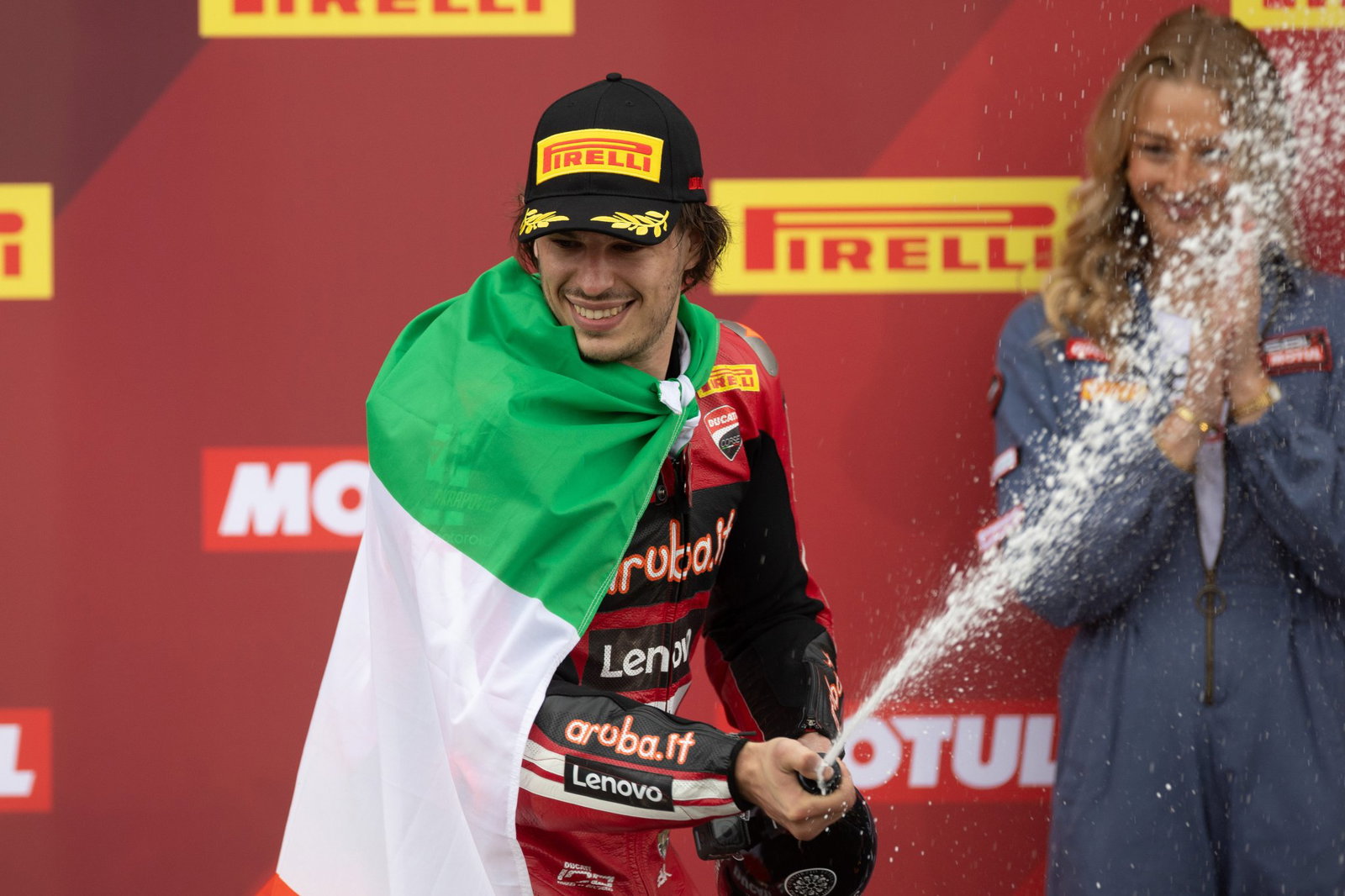 Nicolo Bulega, 2026 Dutch WorldSBK, podium. Credit: Gold and Goose.