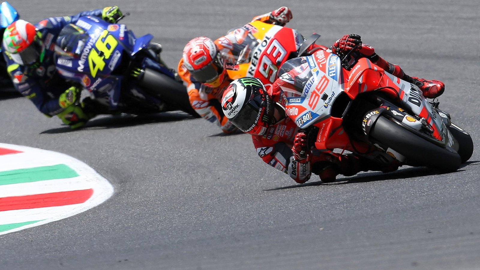 Jorge Lorenzo leads Marc Marquez and Valentino Rossi, 2018 Italian MotoGP.