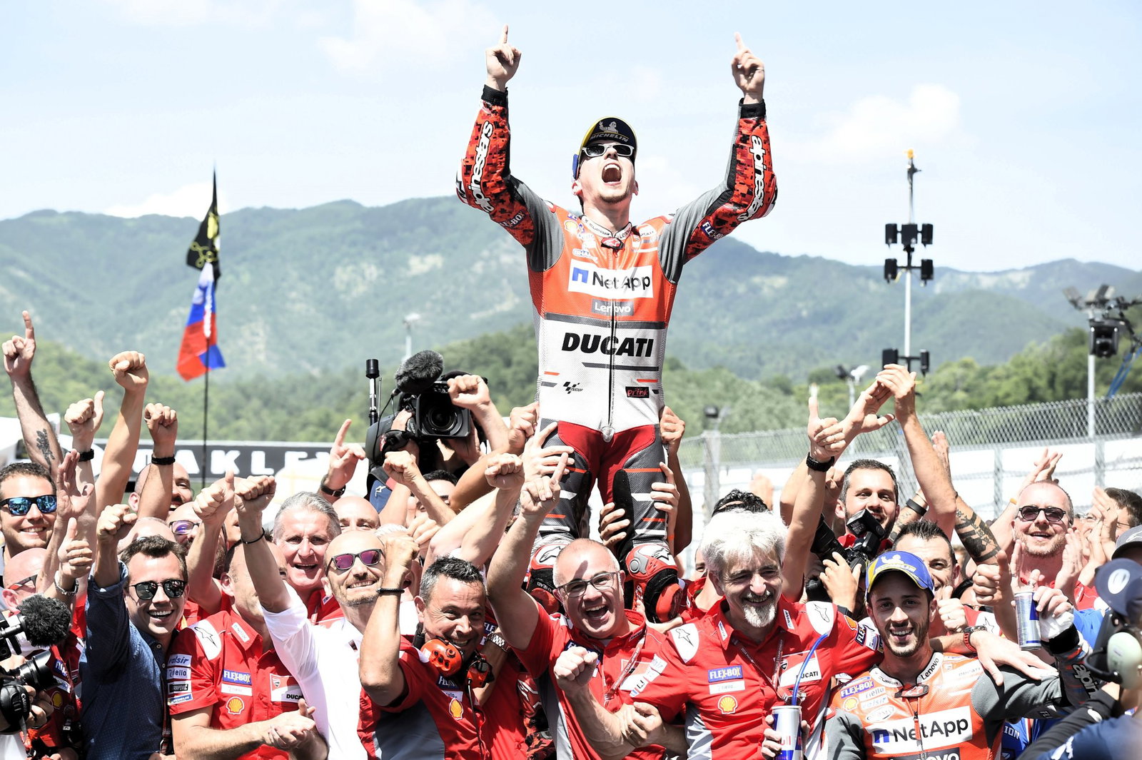 Jorge Lorenzo and Ducati celebrate, 2018 Italian MotoGP.