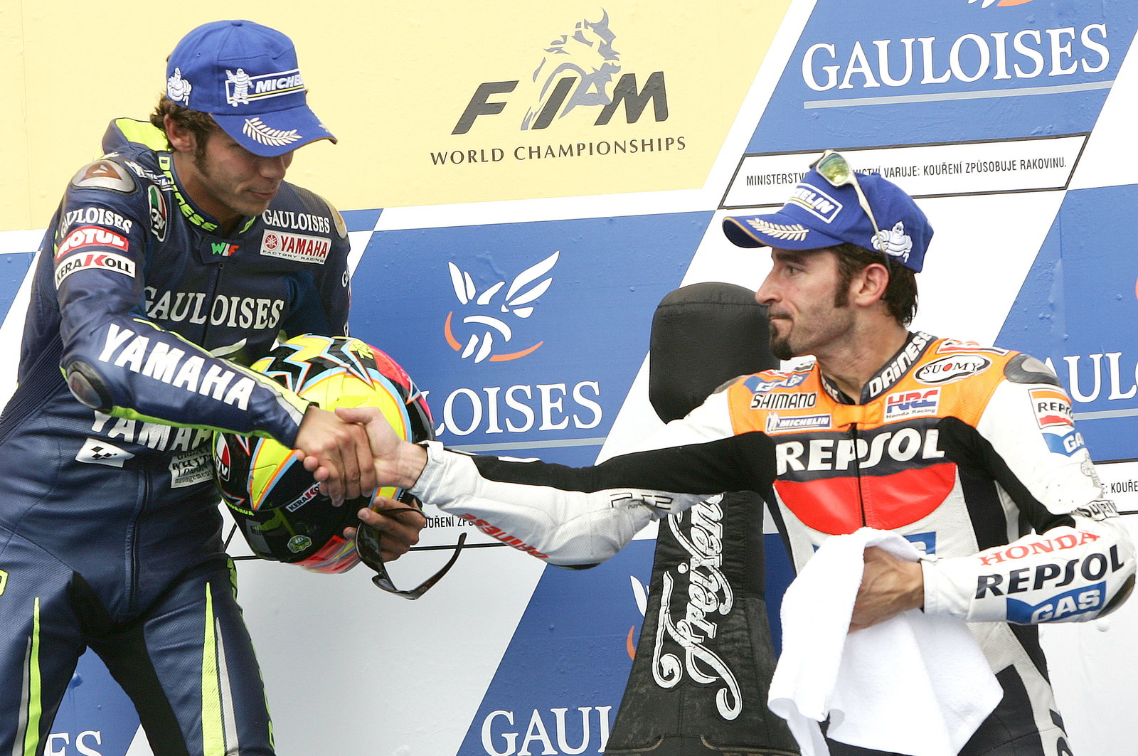 Rossi 1st and Biaggi 3rd, Czech MotoGP Race, 2005