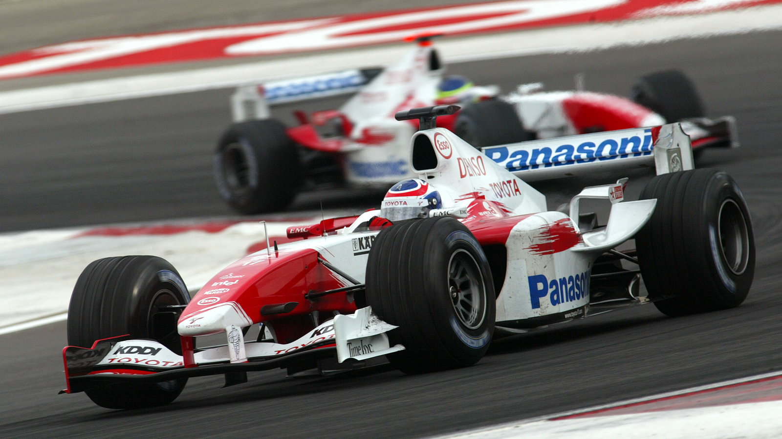 Olivier Panis leads Toyota F1 team-mate Cristiano da Matta during the 2004 Bahrain Grand Prix