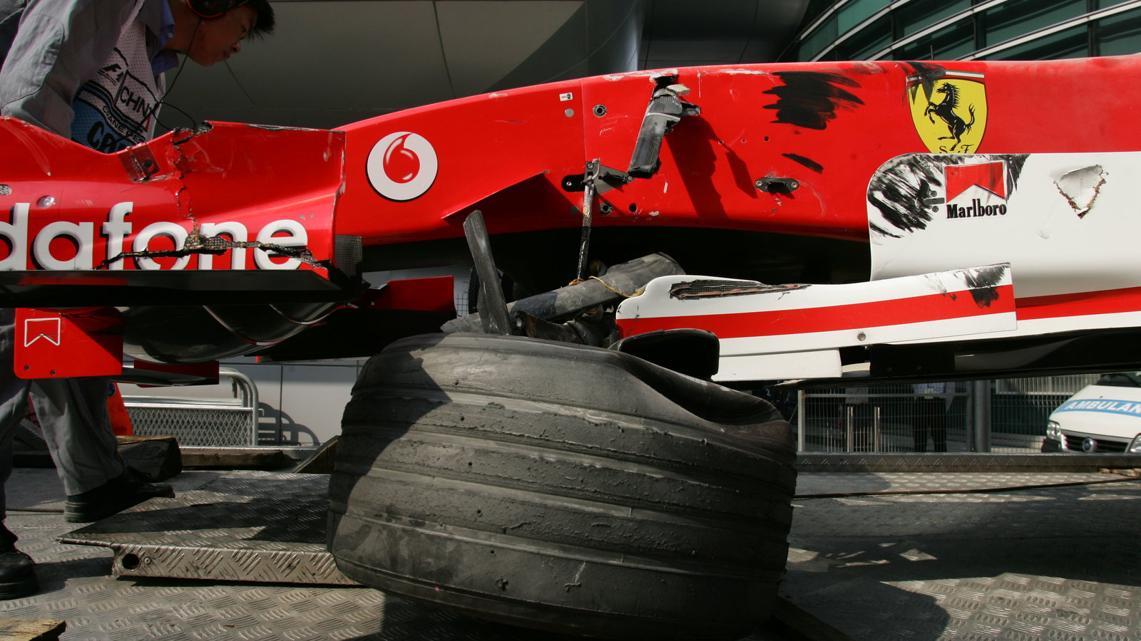 The remains of Michael Schumacher`s Ferrari after he clashed with Christijan Albers` Minardi on the 
