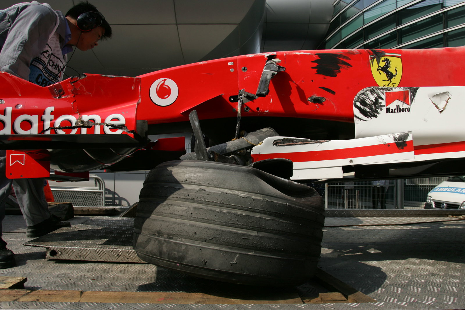 The remains of Michael Schumacher`s Ferrari after he clashed with Christijan Albers` Minardi on the 
