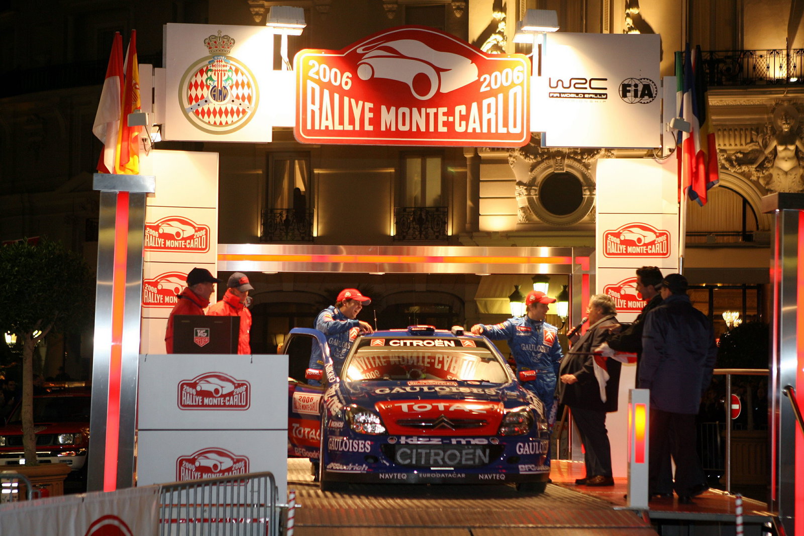 Sebastien Loeb and Daniel Elena at the start of the 2006 Monte Carlo Rally in their Kronos Citroen X