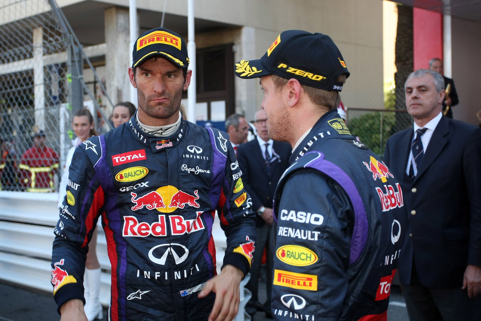 26.05.2013- Race, Mark Webber (AUS) Red Bull Racing RB9 and Sebastian Vettel (GER) Red Bull Racing R