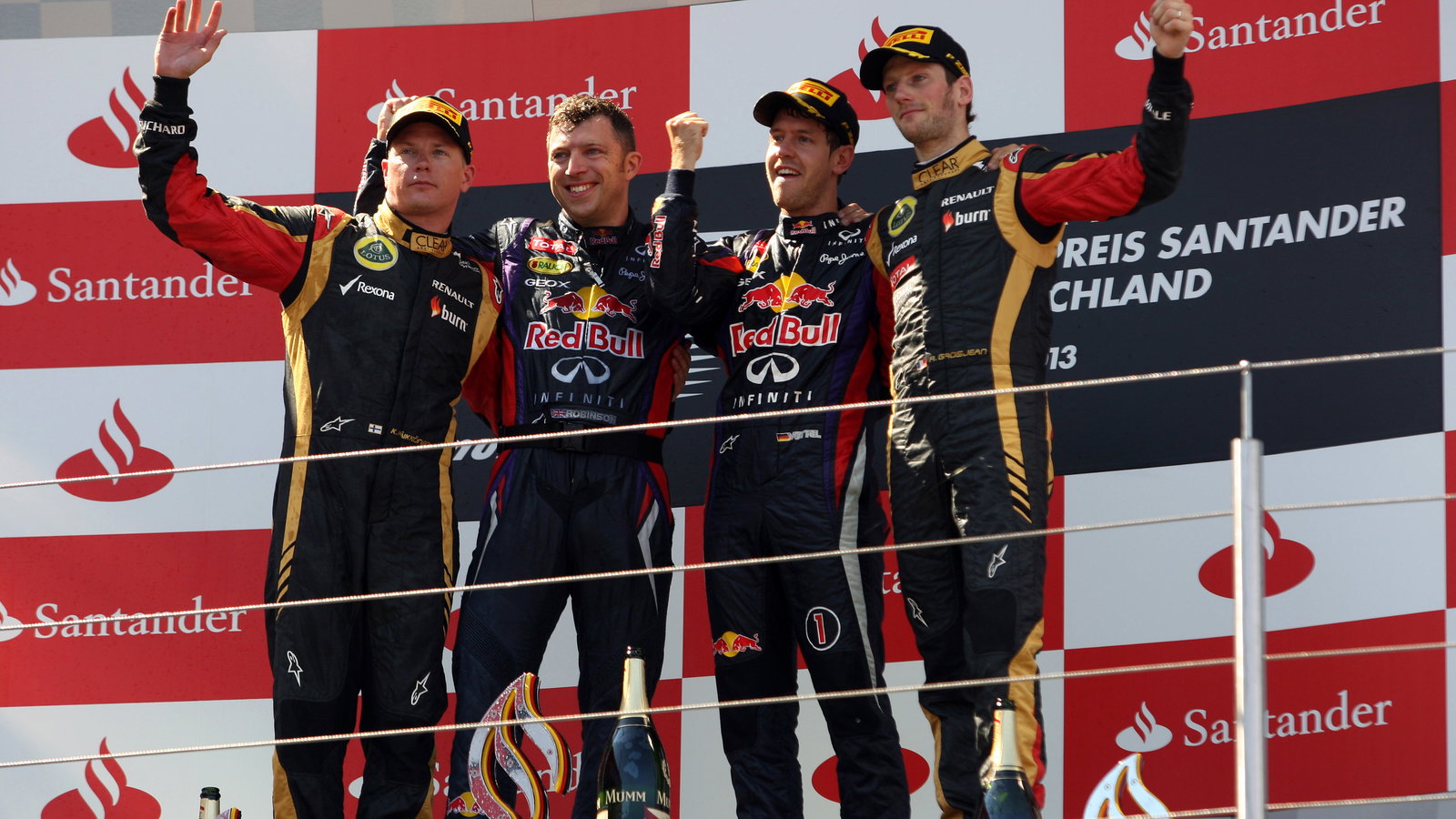 07.07.2013- Race, Sebastian Vettel (GER) Red Bull Racing RB9 race winner, 2nd position Kimi Raikkon
