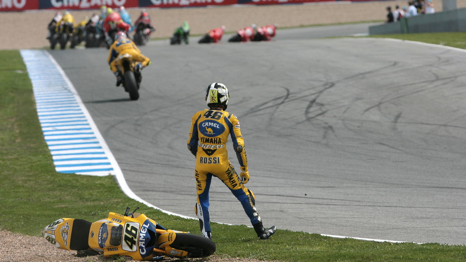 Rossi after first turn crash, Spanish MotoGP, 2006