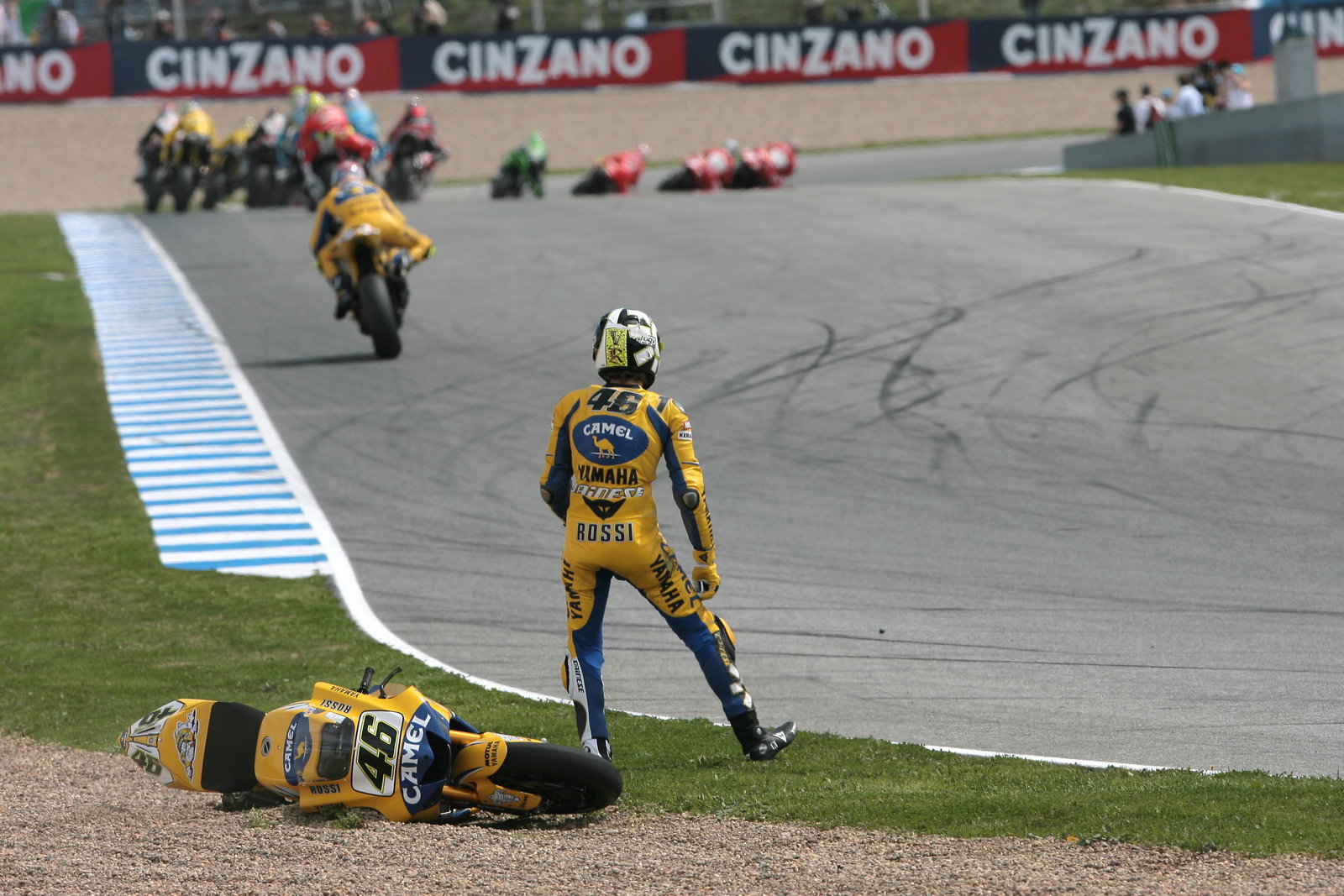 Rossi after first turn crash, Spanish MotoGP, 2006