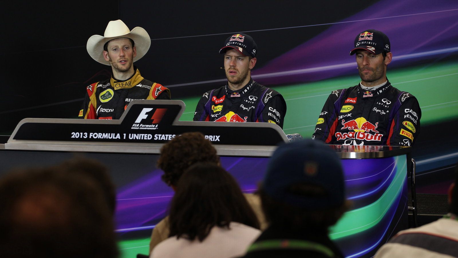 17.11.2013- Race, Press conference, Romain Grosjean (FRA) Lotus F1 Team E21, Sebastian Vettel (GER)
