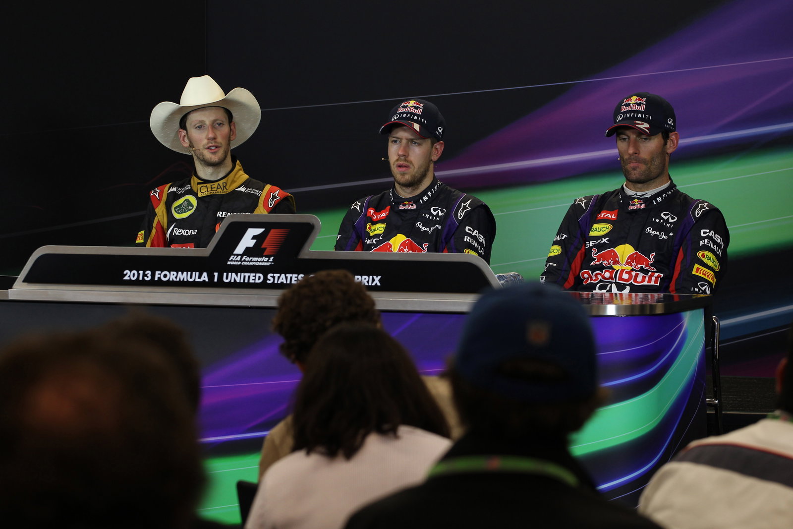 17.11.2013- Race, Press conference, Romain Grosjean (FRA) Lotus F1 Team E21, Sebastian Vettel (GER)