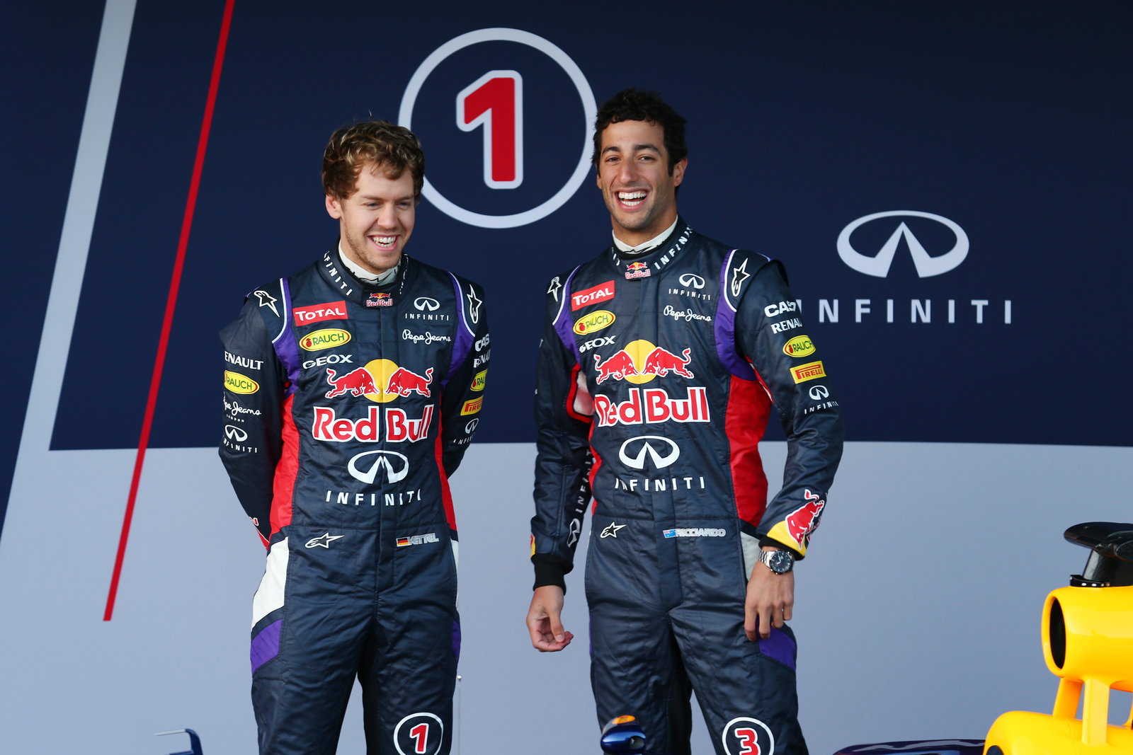 (L to R): Sebastian Vettel (GER) Red Bull Racing and Daniel Ricciardo (AUS) Red Bull Racing at the u