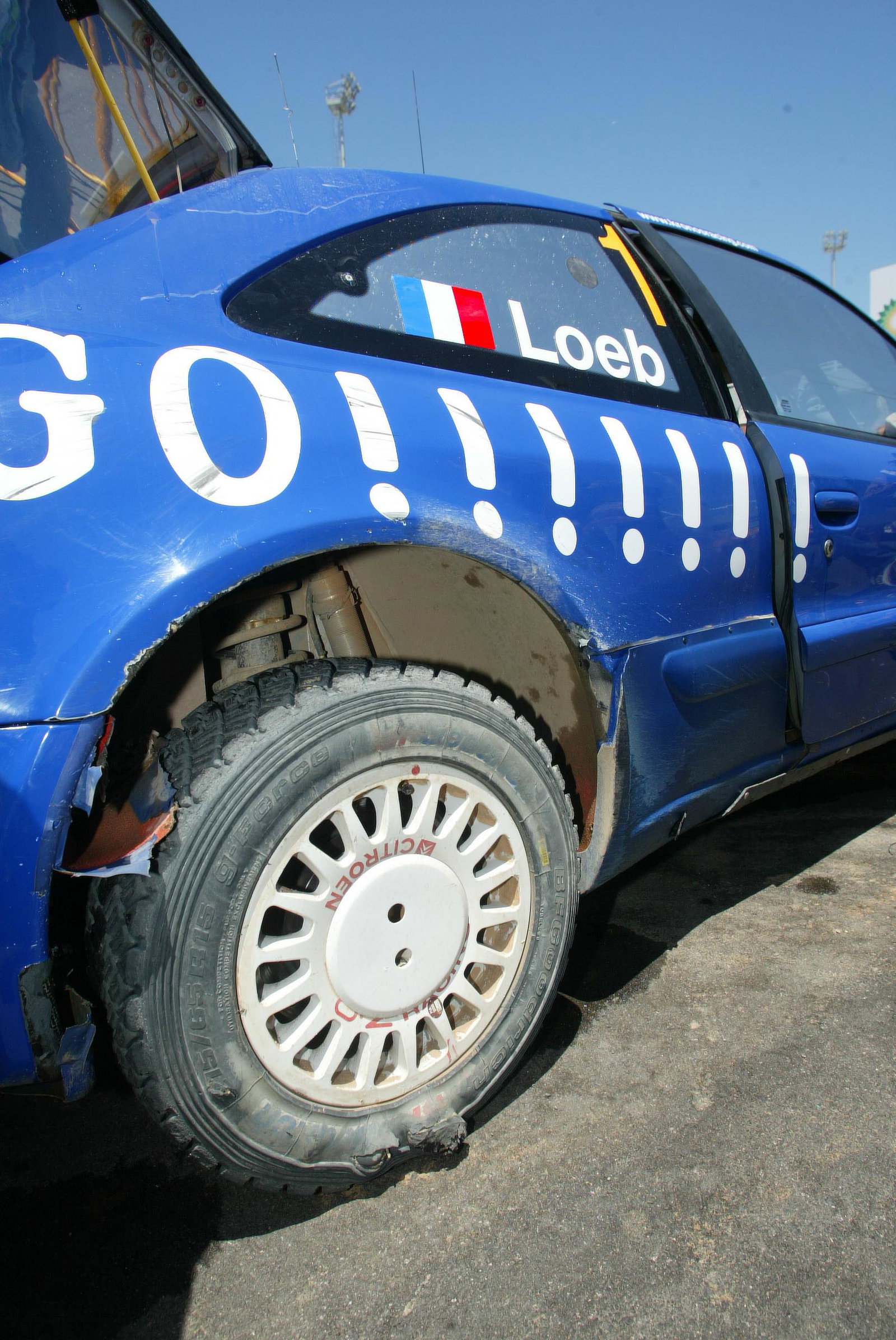 Blistered tyres on the Kronos Citroen Xsara WRC of Sebastien Loeb