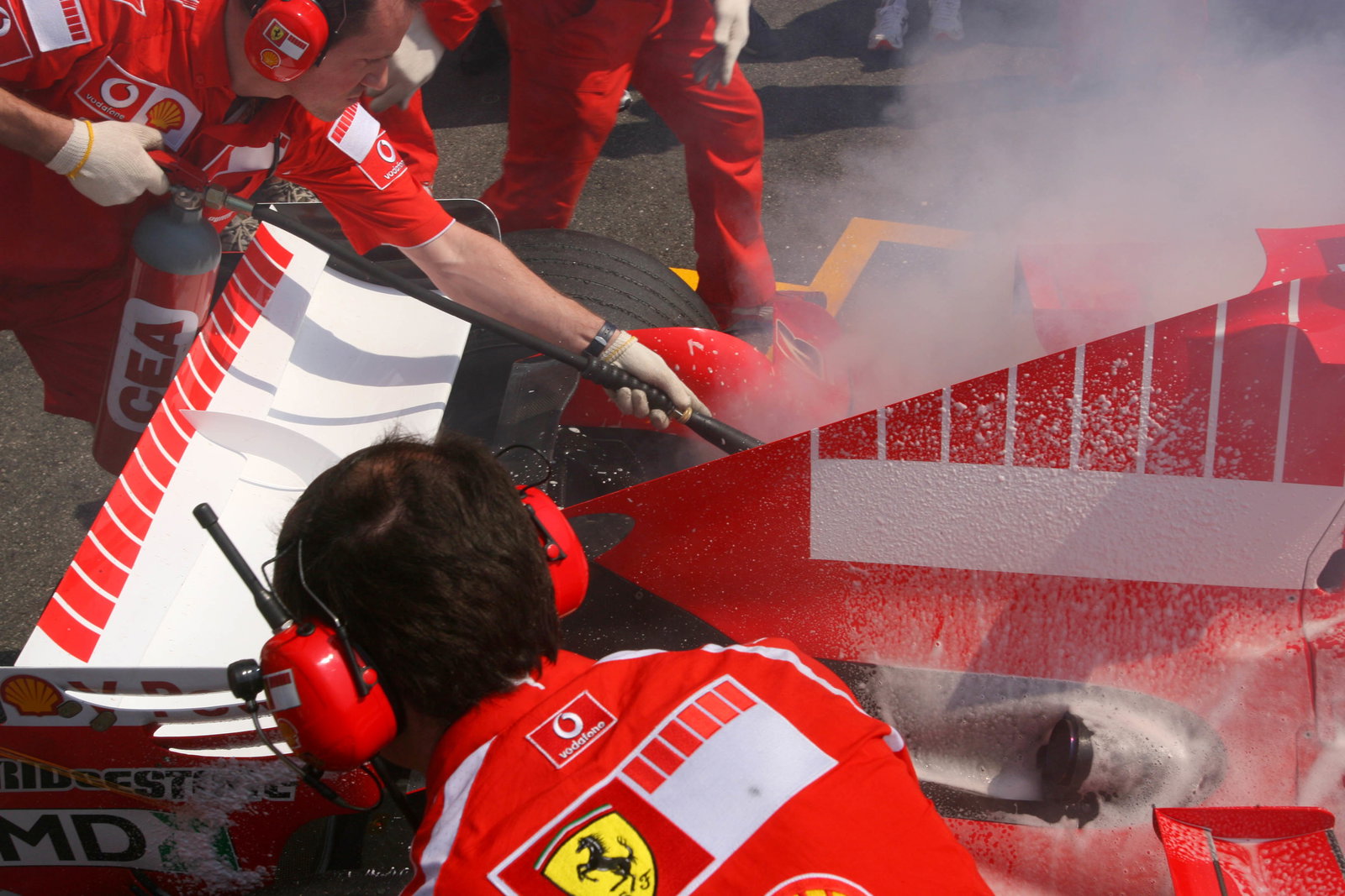 15.07.2006 Magny Cours, France, Car of Michael Schumacher (GER), Scuderia Ferrari 248 F1, caught fir