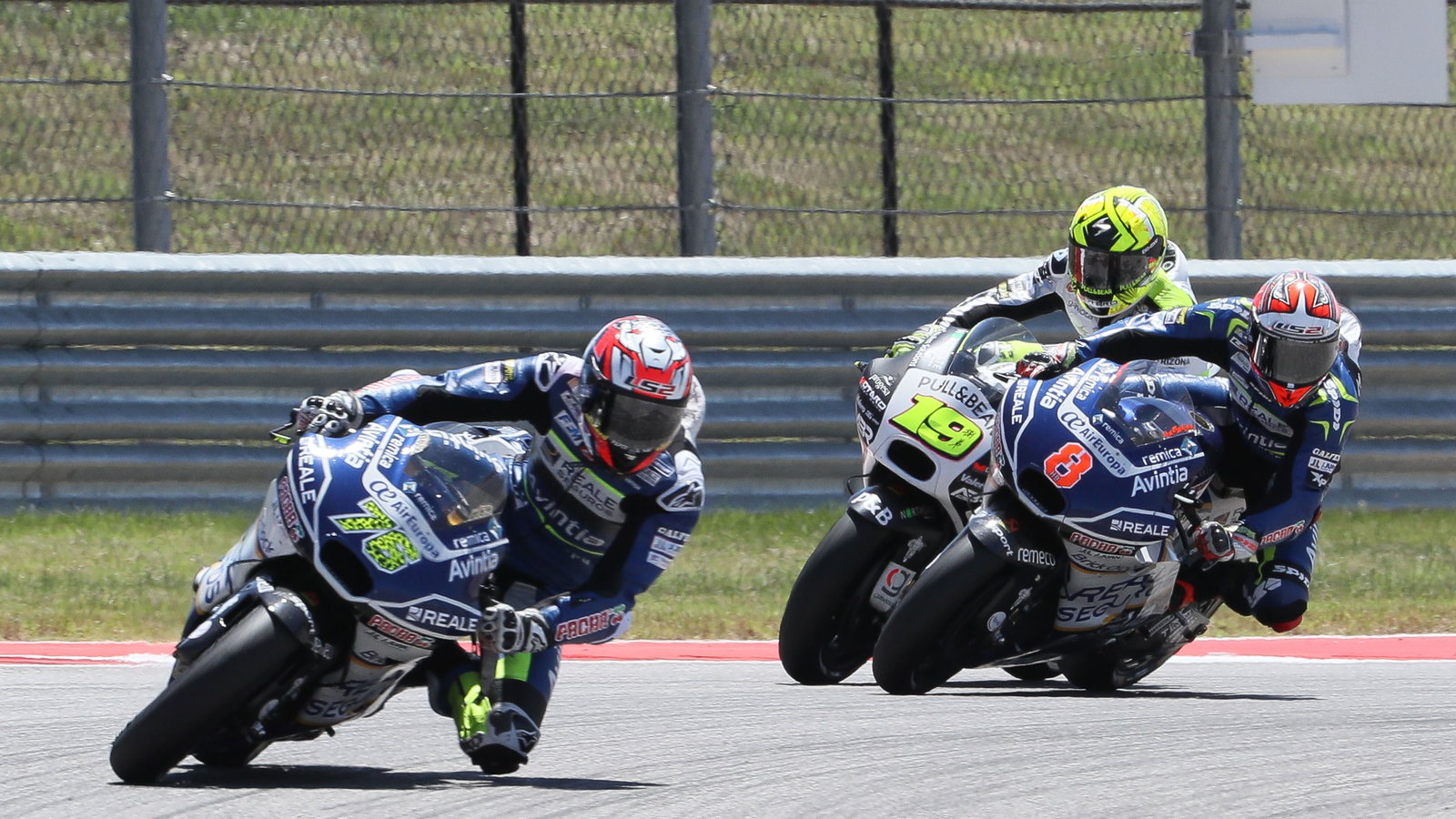 Baz, Barbera and Bautista touch, MotoGP race, Grand Prix of the Americas, 2017.