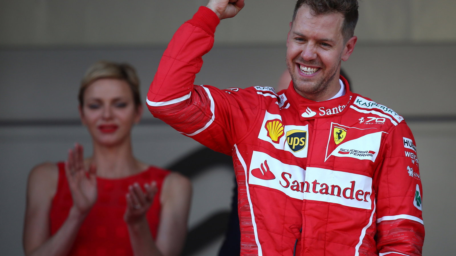 28.05.2017 - Race, Sebastian Vettel (GER) Scuderia Ferrari SF70H race winner and Charlene Wittstock 