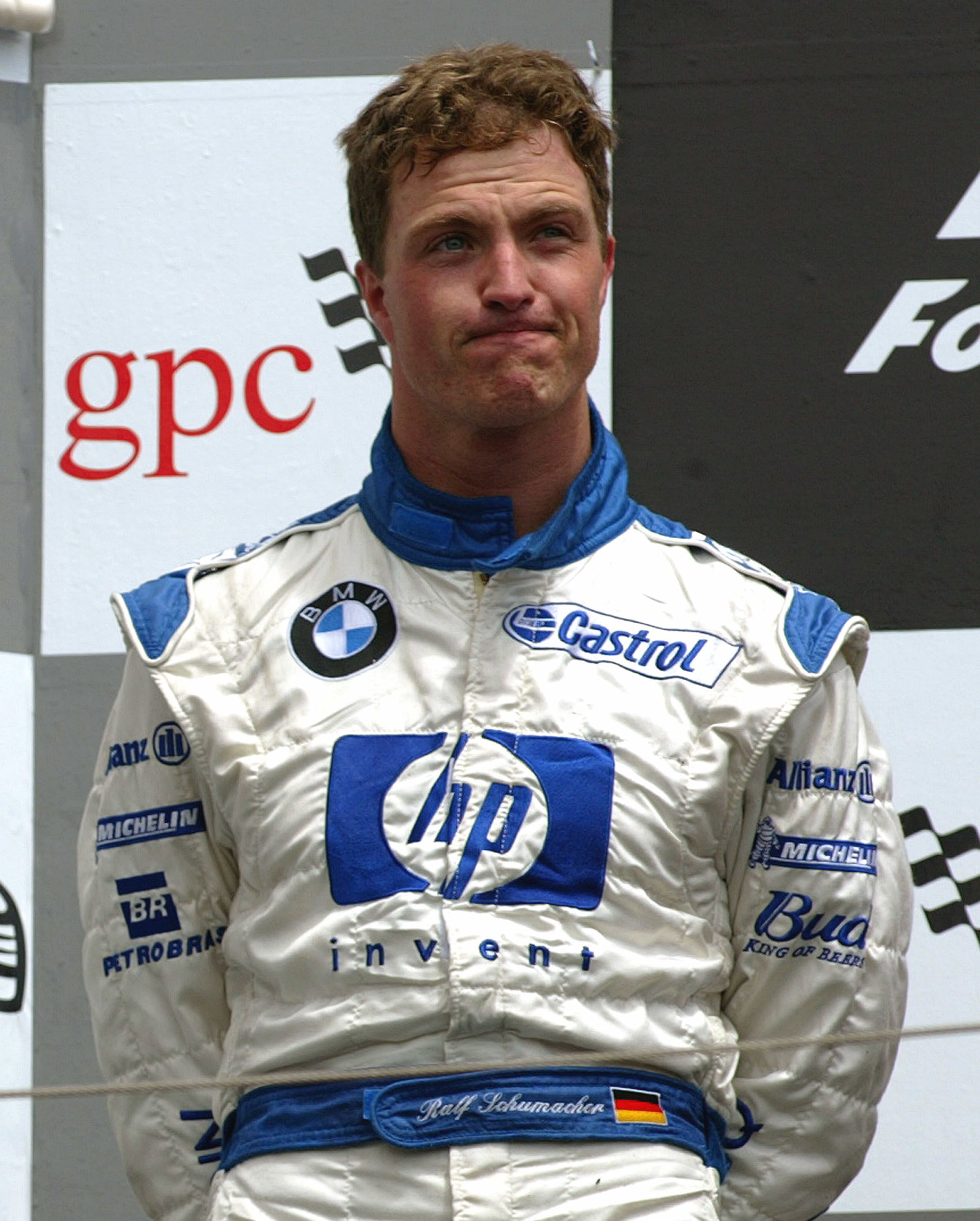 Williams-BMW driver Ralf Schumacher on the podium at the Canadian GP, after finishing second - he wa