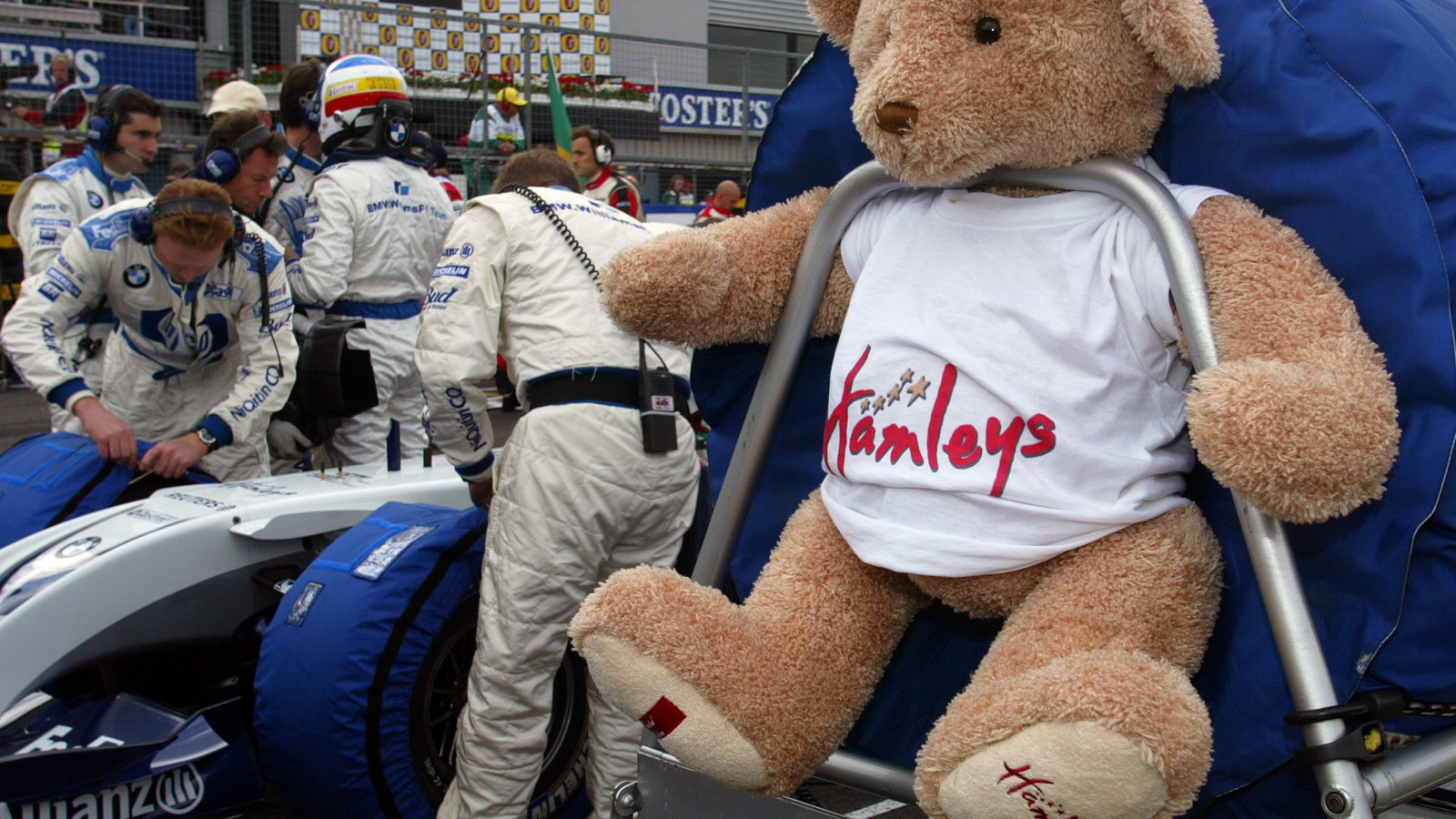A Hamleys bear as a good luck mascot for the BMW Williams F1 team