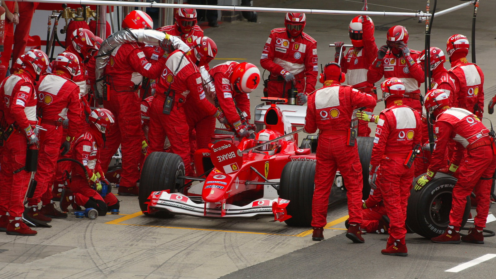 Michael Schumacher during a pit stop at the British GP