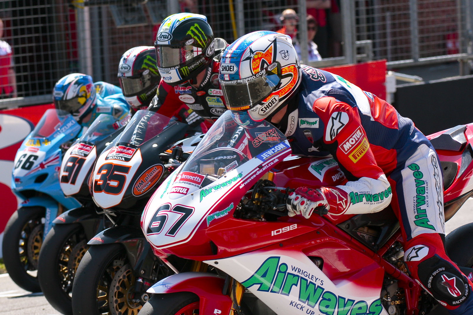 Byrne, Crutchlow, Haslam, Sykes, Front row. Race 1.