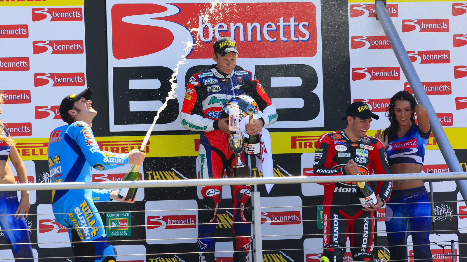 Podium Celebration with champagne, 1st 67. Shane Byrne Airwaves Ducati, Ducati 1098R F08, 2nd 66. To