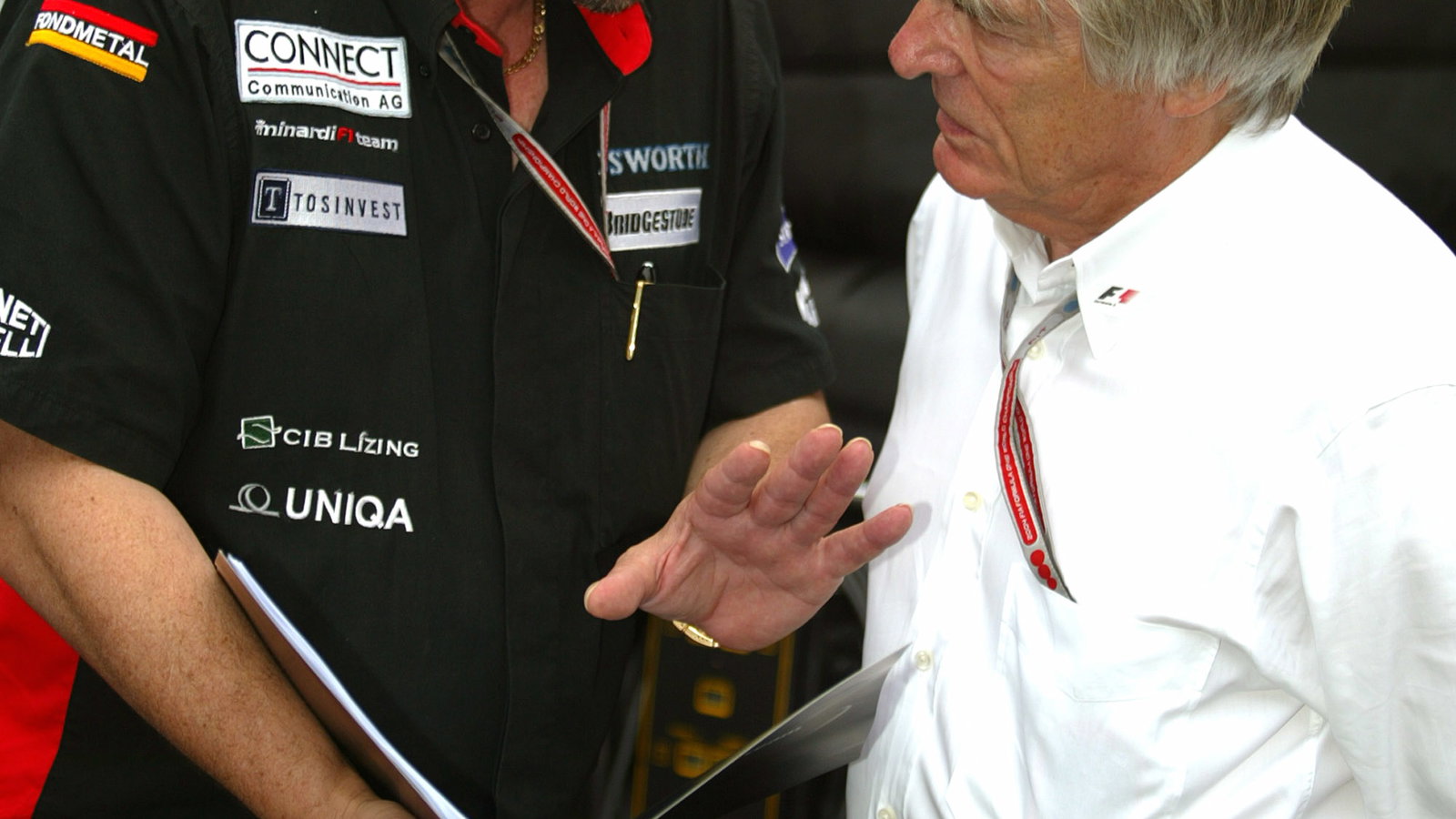 Paul Stoddart talks Bernie Ecclestone through the the new proposed rules which the teams are trying 