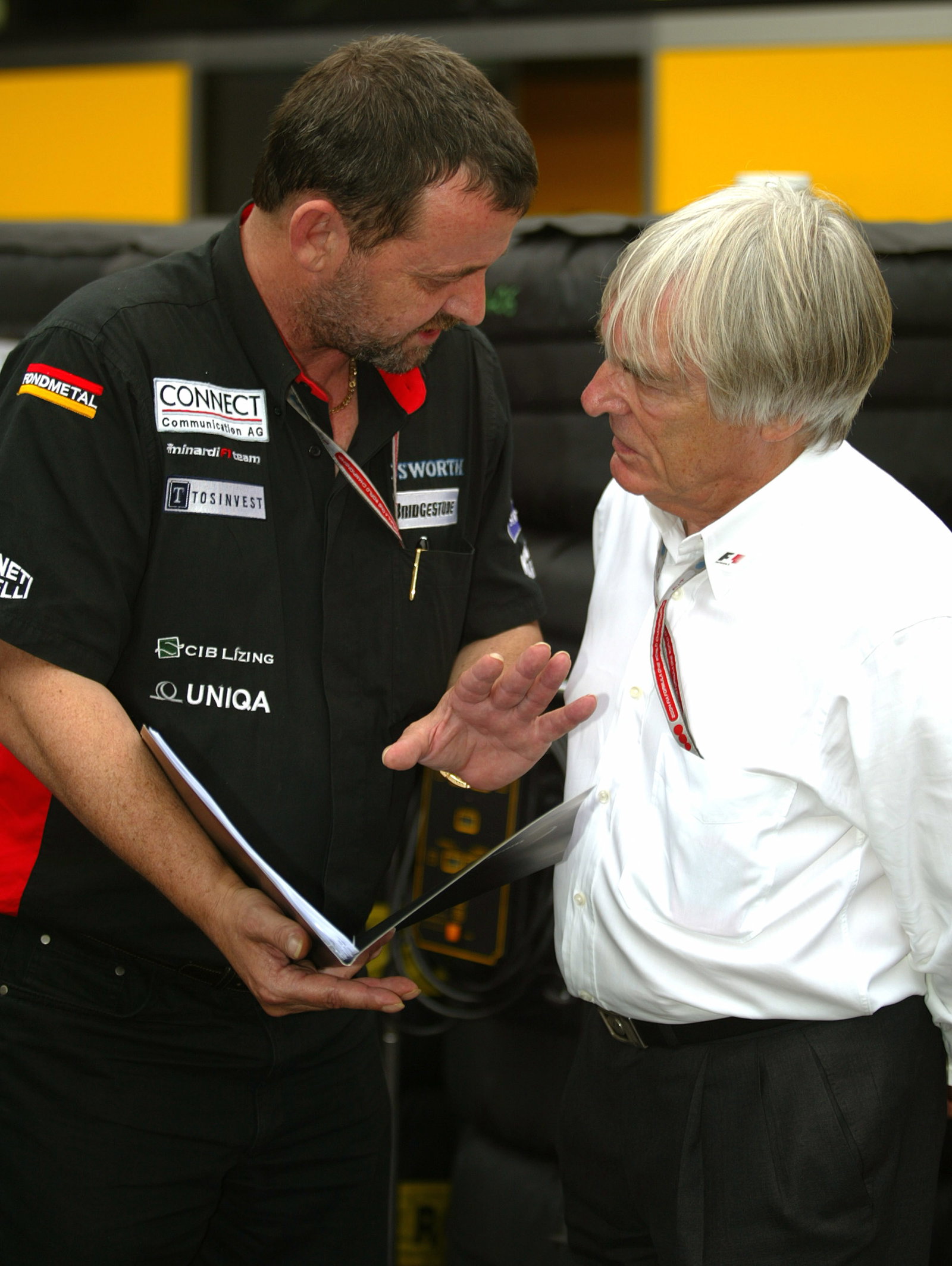 Paul Stoddart talks Bernie Ecclestone through the the new proposed rules which the teams are trying 