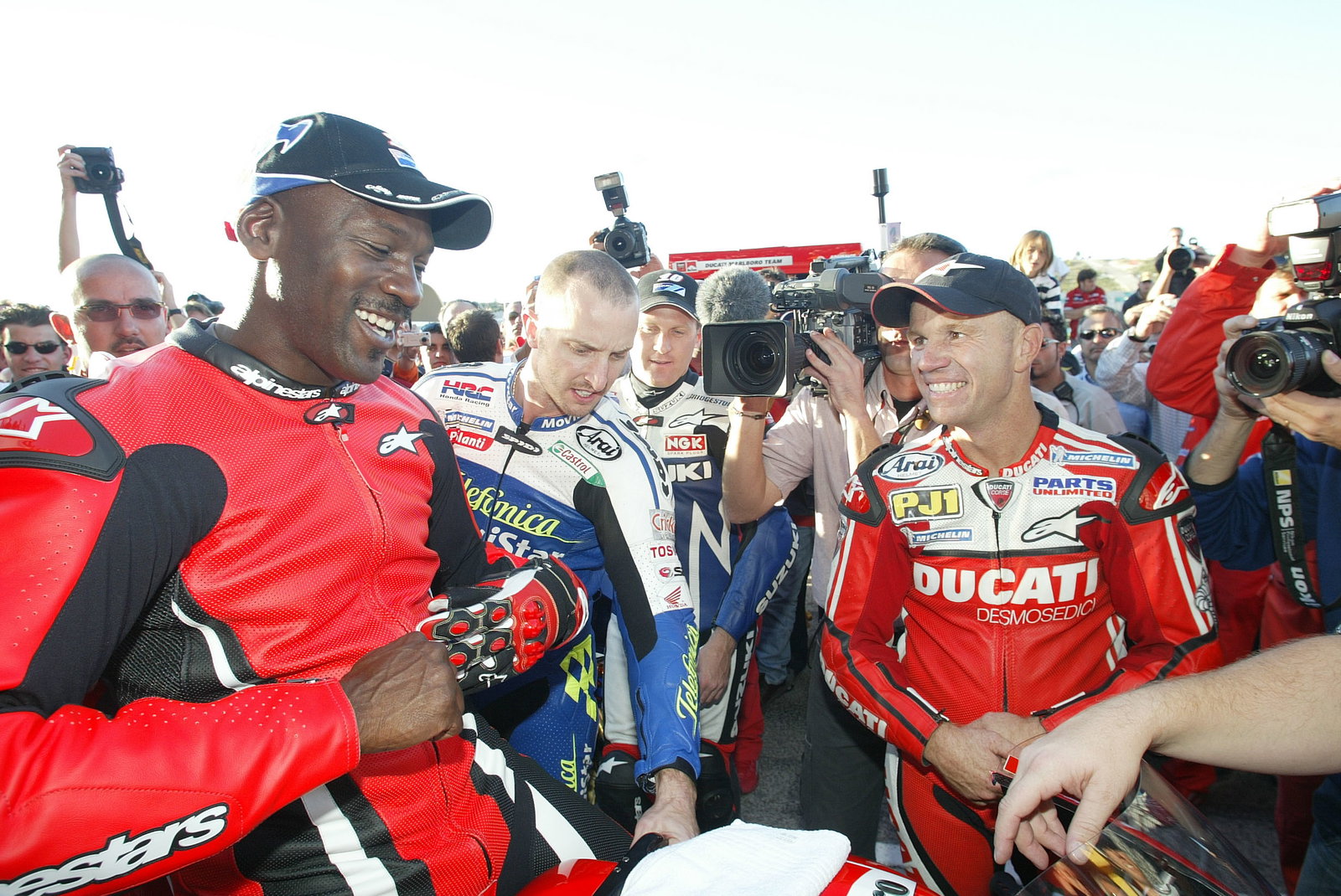 Michael Jordan, Colin Edwards and Randy Mamola, Valencia MotoGP 2004