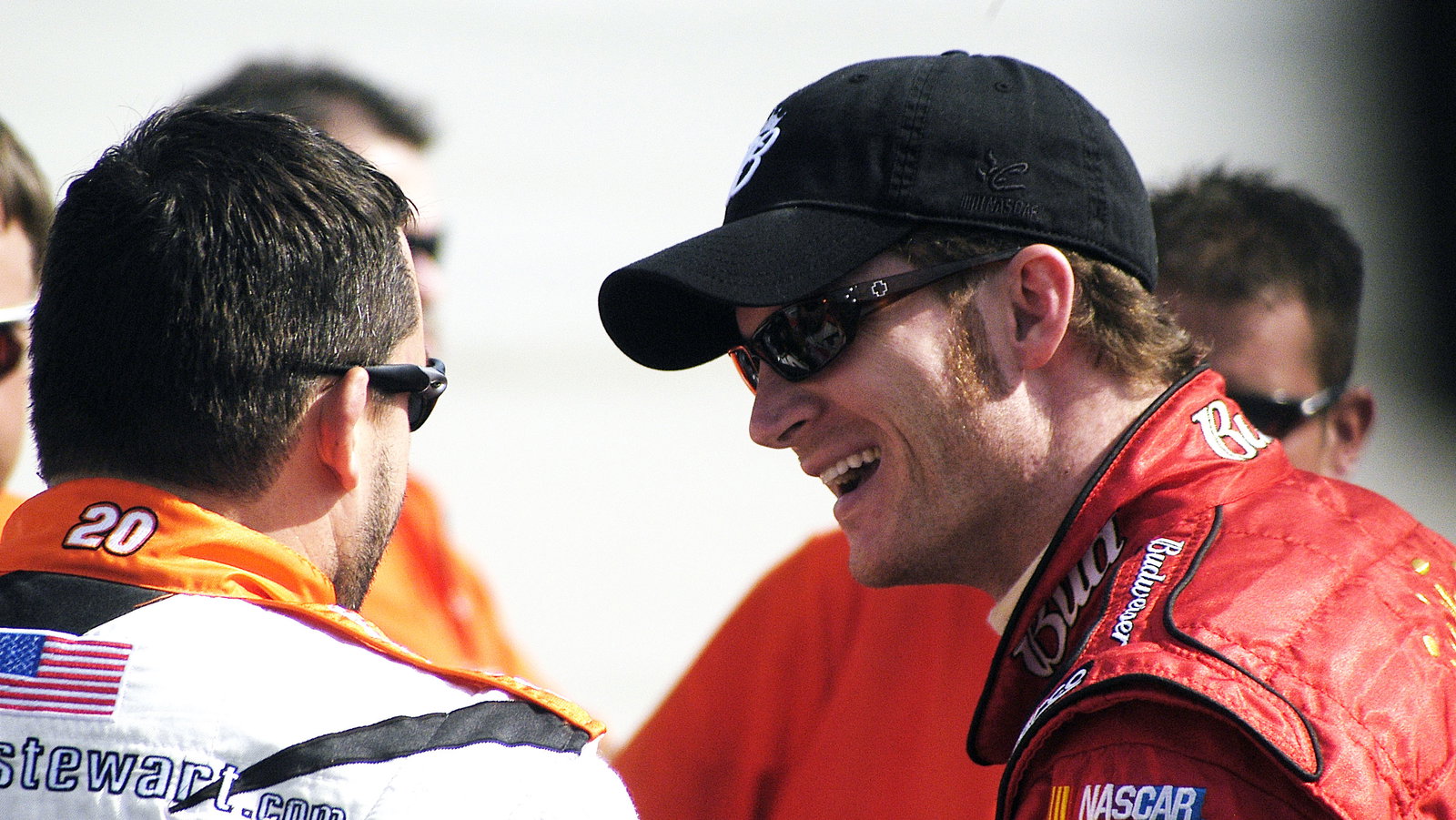 Dale Jr and Tony Stewart share a light moment before qualifying at Dover.
