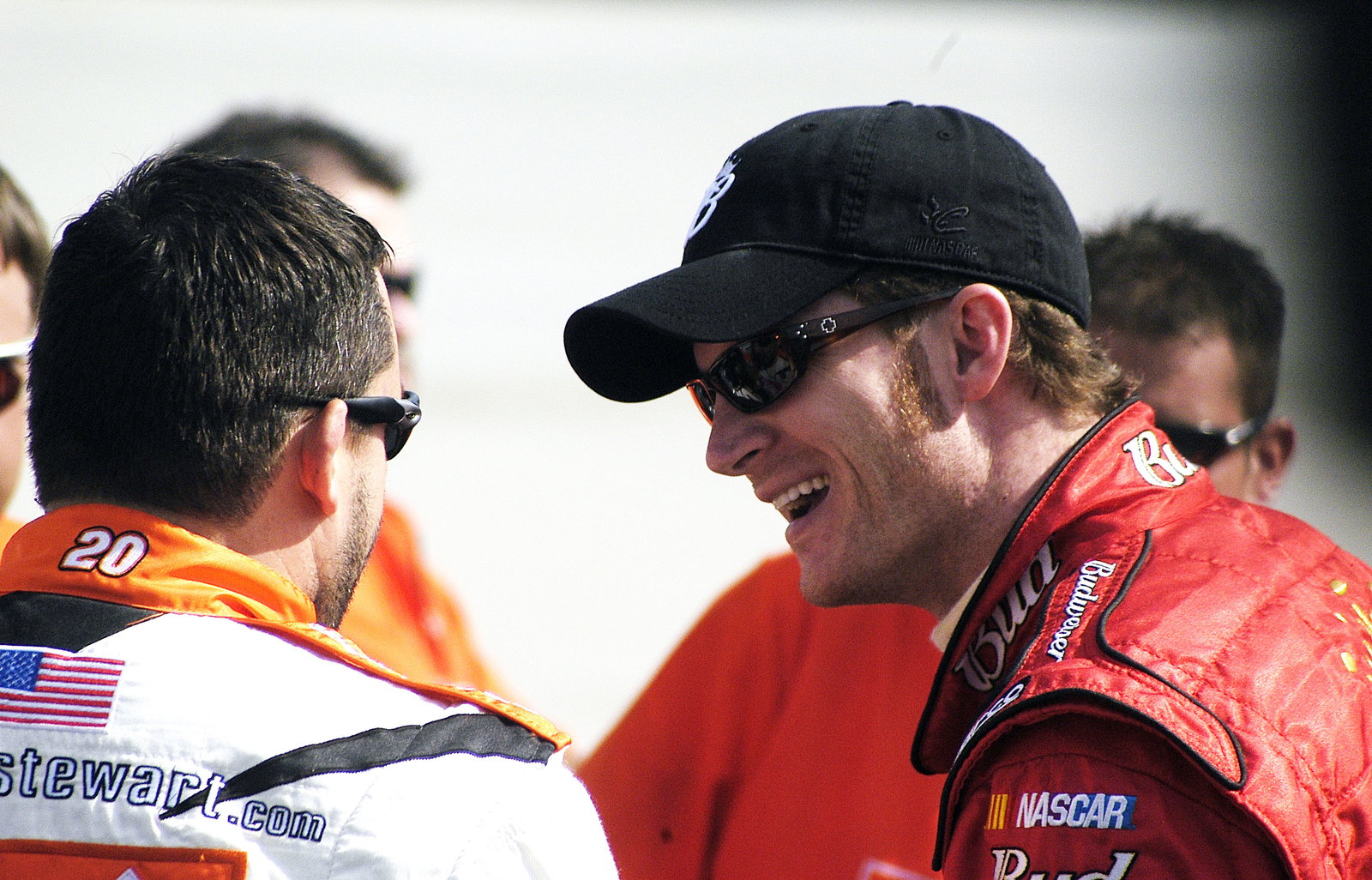 Dale Jr and Tony Stewart share a light moment before qualifying at Dover.