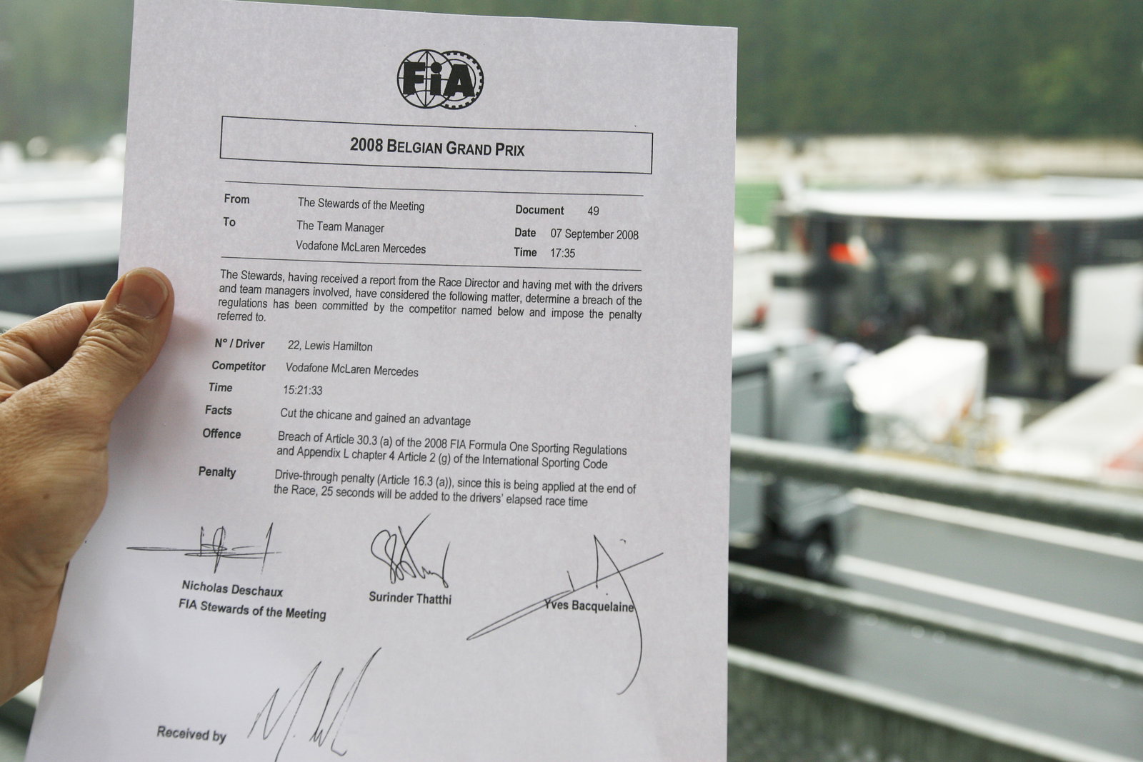FIA Statement Of Hamilton`s Penalty, Belgian F1 Grand Prix, Spa Francorchamps, 5-7th, September, 200