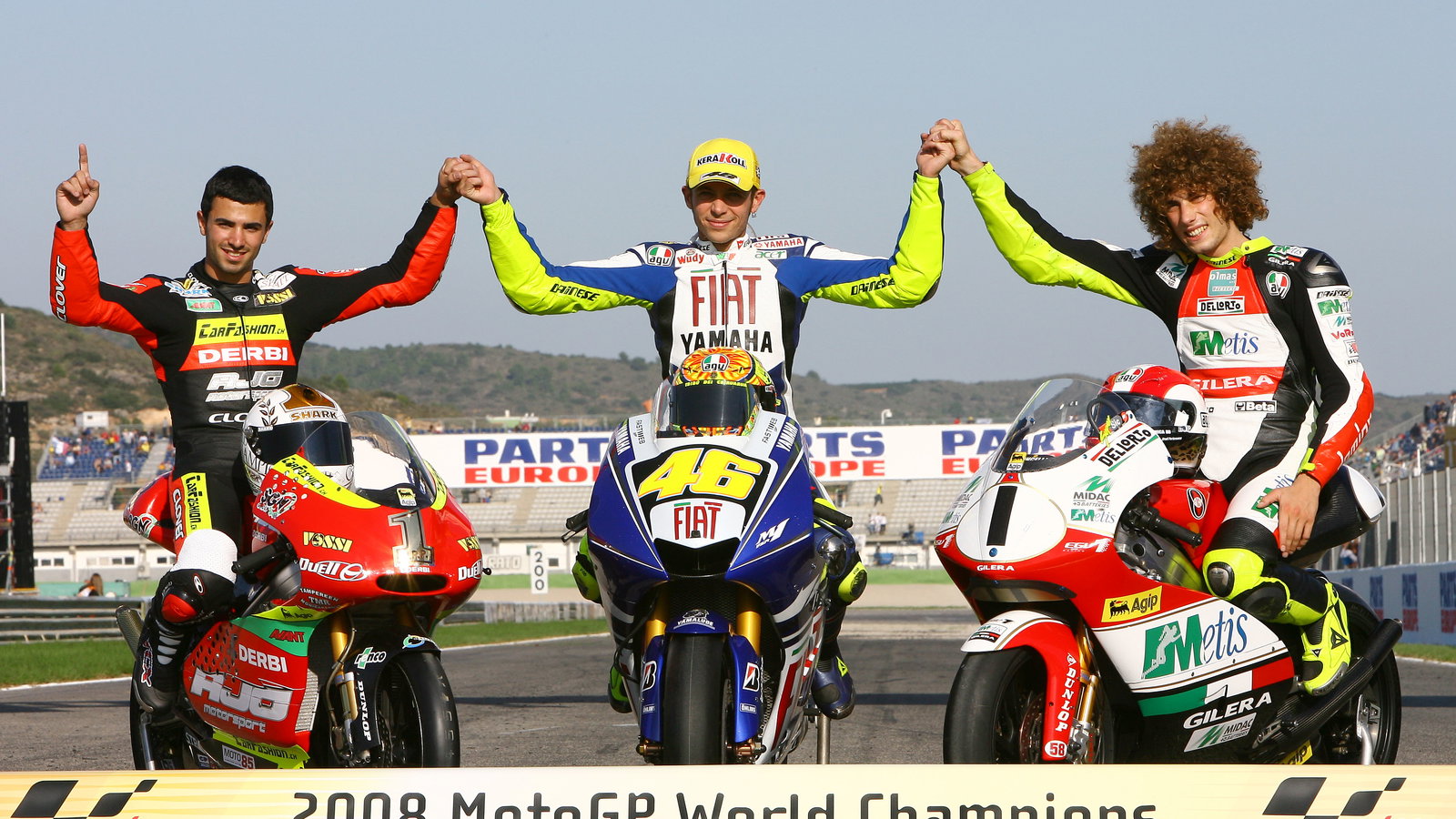 World champions Di Meglio, Rossi and Simoncelli, Valencia MotoGP Race 2008