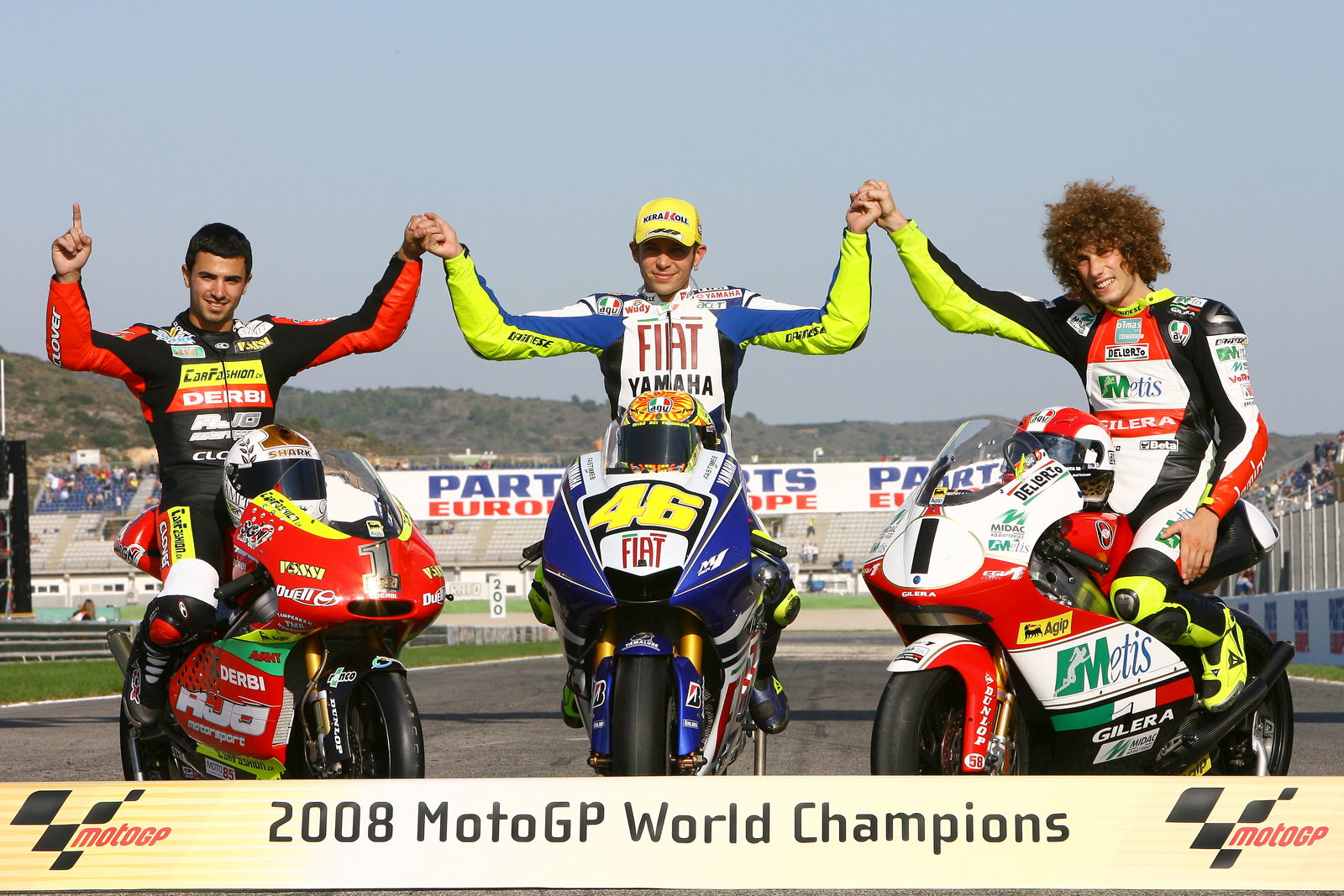 World champions Di Meglio, Rossi and Simoncelli, Valencia MotoGP Race 2008