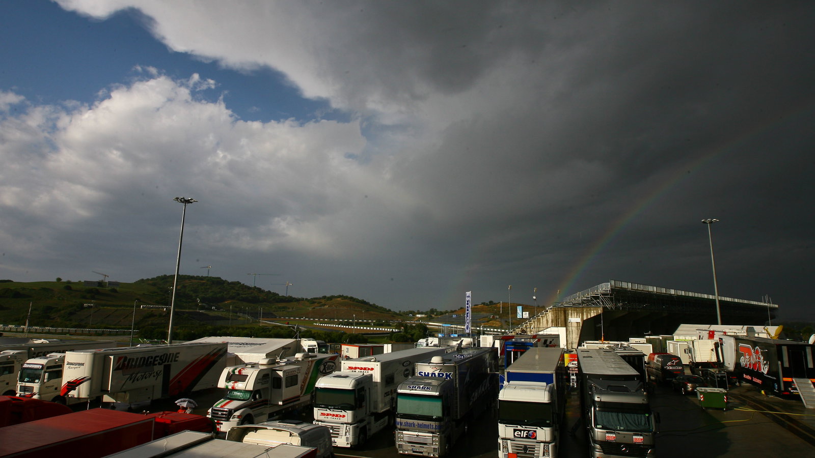 Rainbow over a stormy paddock, Jerez MotoGP tests 2009