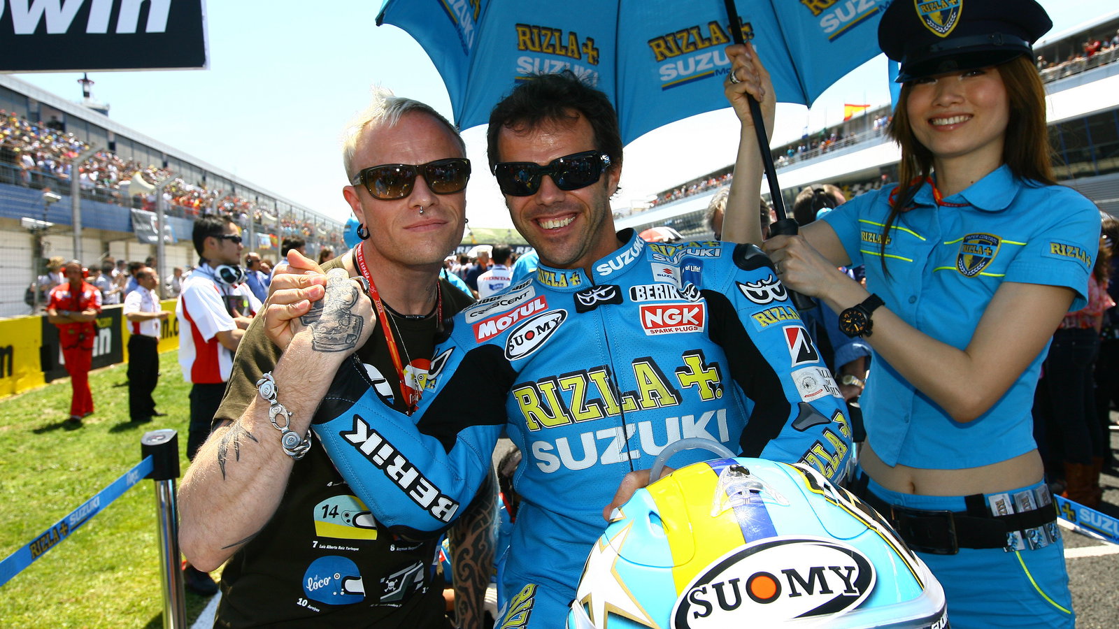 Keith Flint, Capirossi and Mayumi Flint, Spanish MotoGP, 2009, Babe