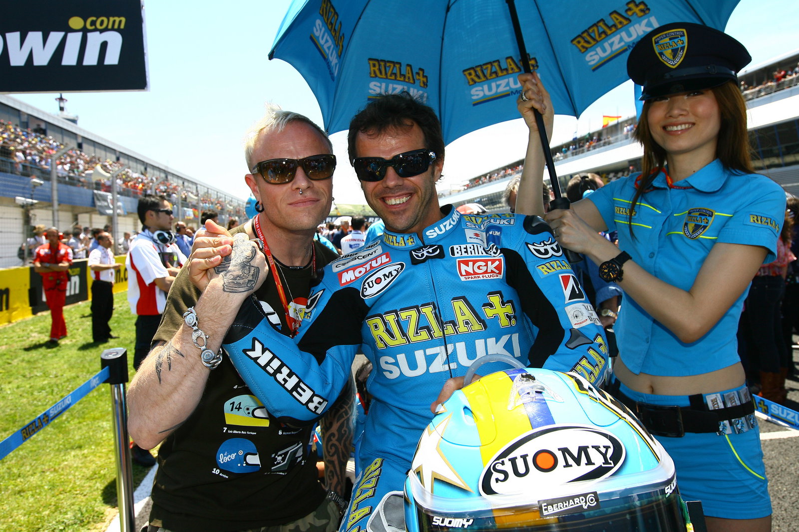 Keith Flint, Capirossi and Mayumi Flint, Spanish MotoGP, 2009, Babe