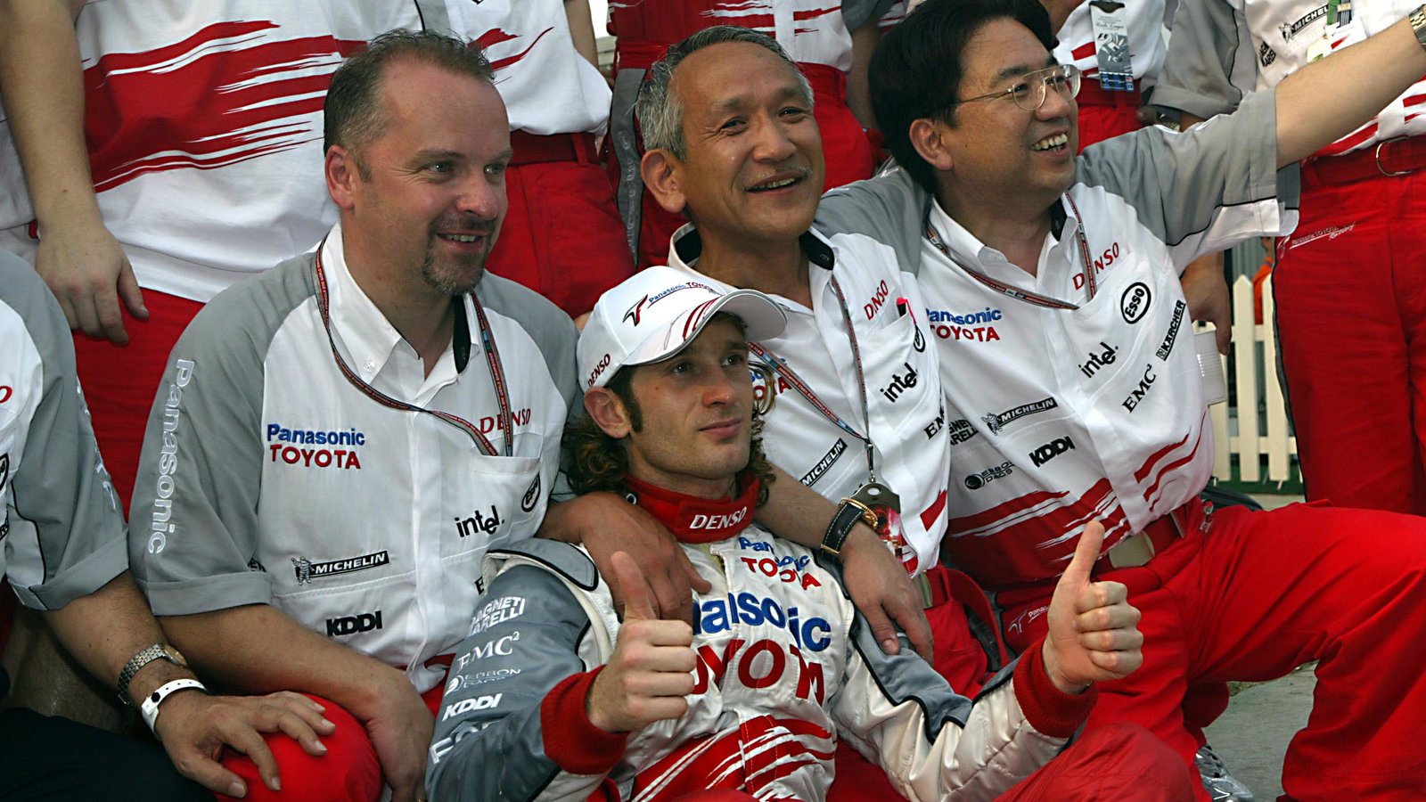 Jarno Trulli celebrates his second place in the Malaysian Grand Prix