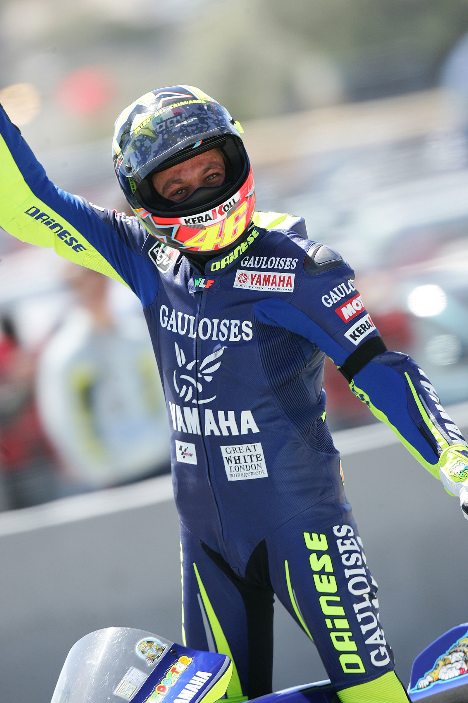 Rossi celebrates win, Spanish MotoGP, 2005