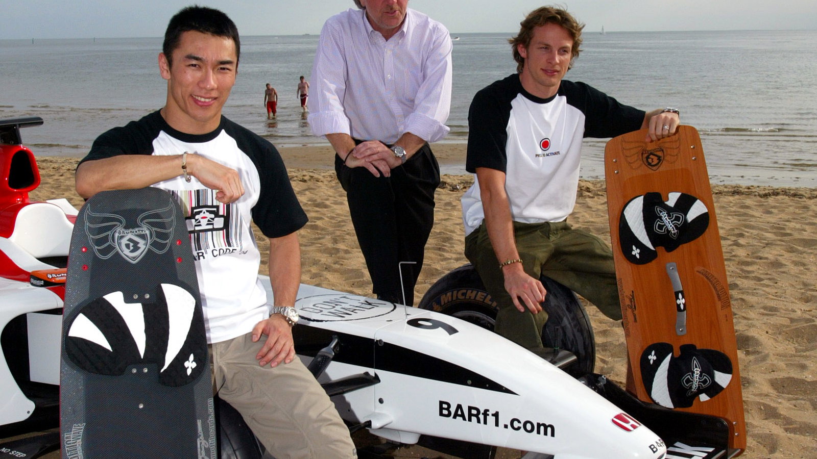Takuma Sato, David Richards and Jenson Button of BAR-Honda