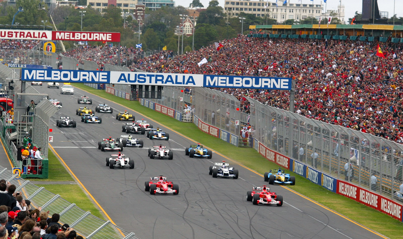 Michael Schumacher leads at the start of the 2004 Australian Grand Prix