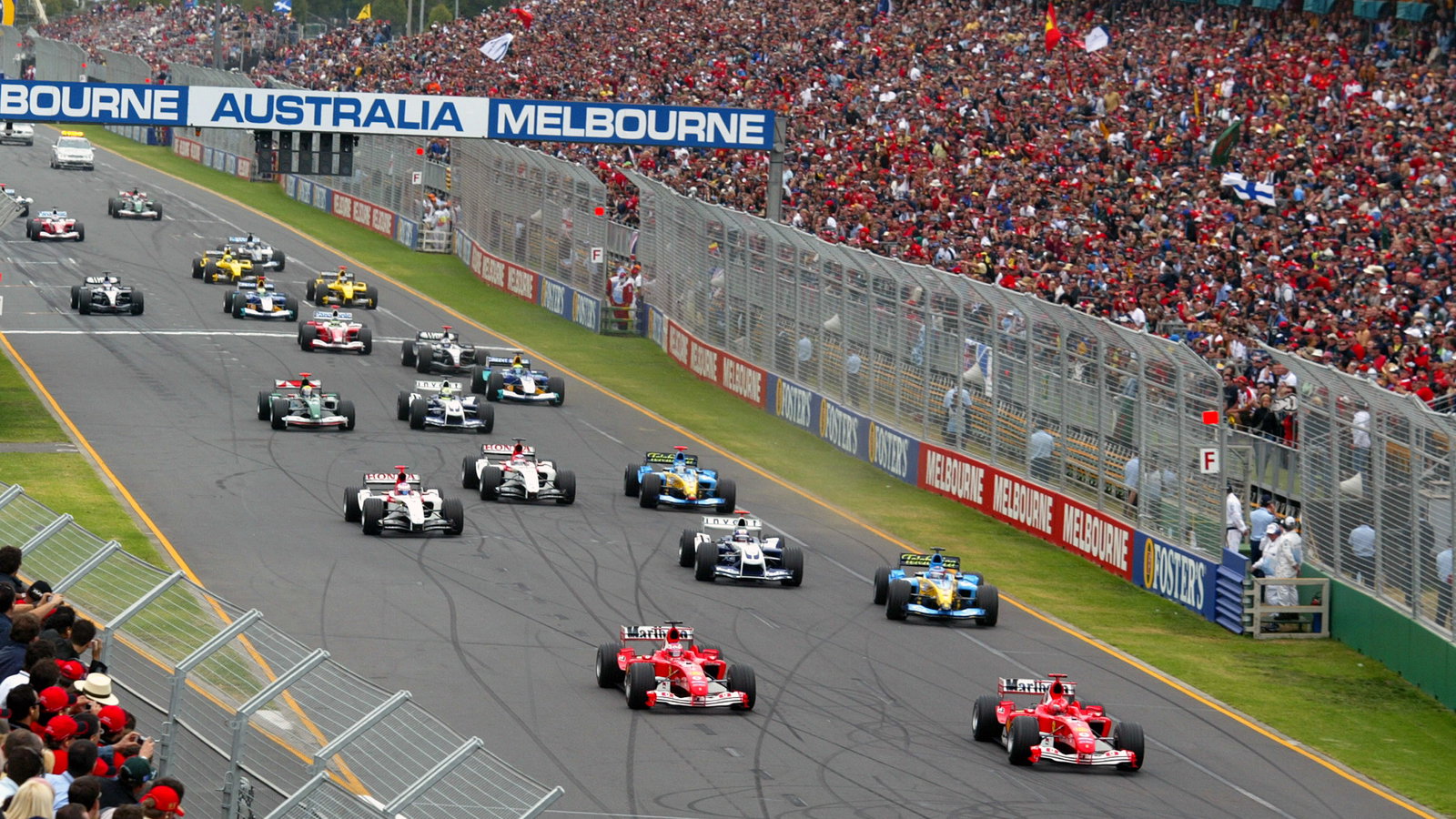 Michael Schumacher leads at the start of the 2004 Australian Grand Prix