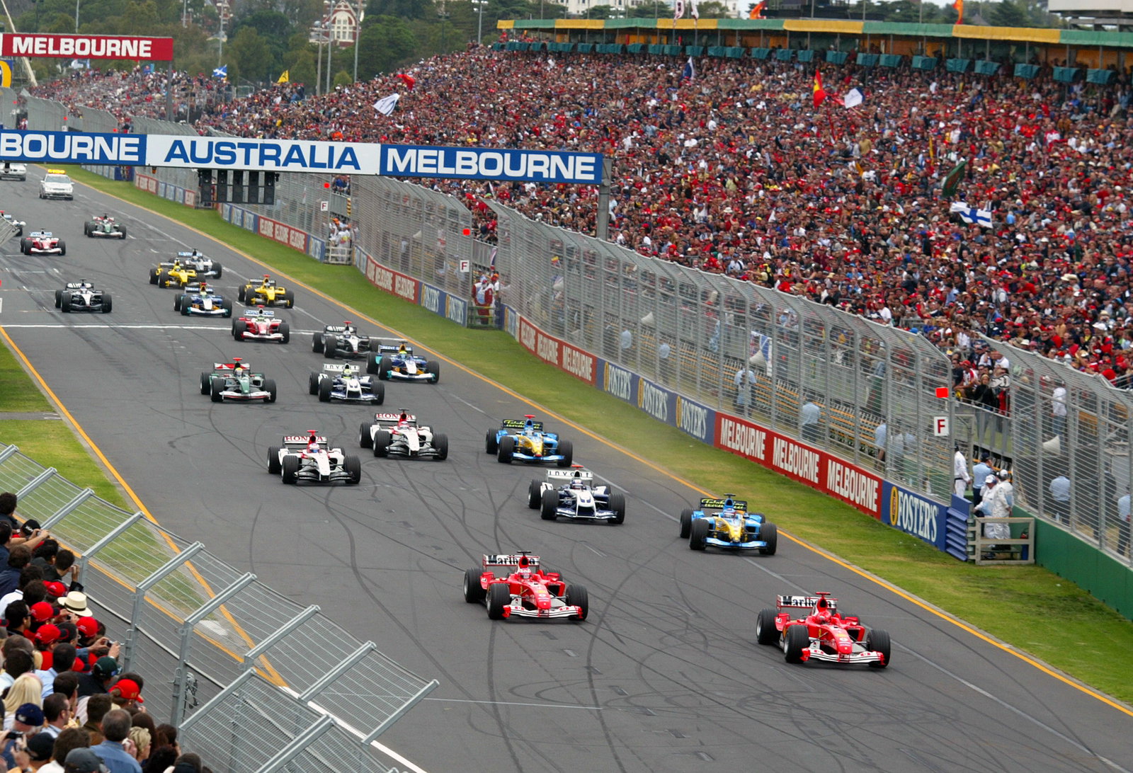 Michael Schumacher leads at the start of the 2004 Australian Grand Prix