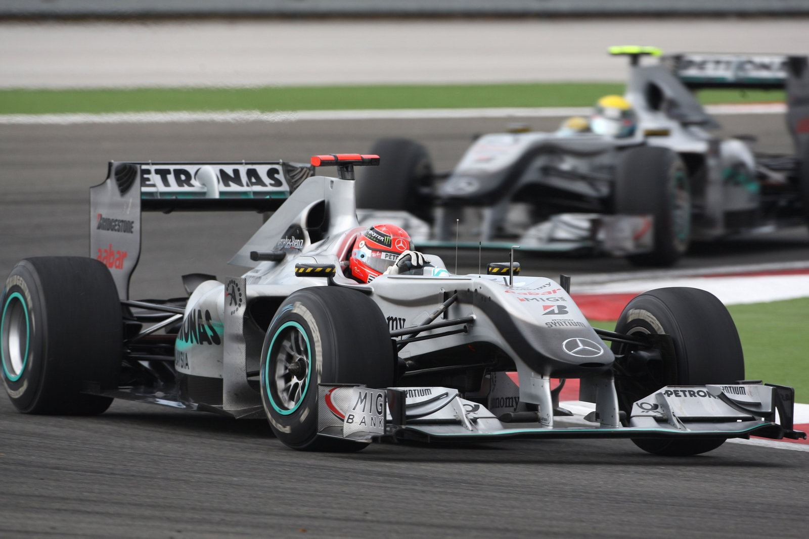 Race, Michael Schumacher (GER), Mercedes GP F1 Team, MGP W01 leads Nico Rosberg (GER), Mercedes GP