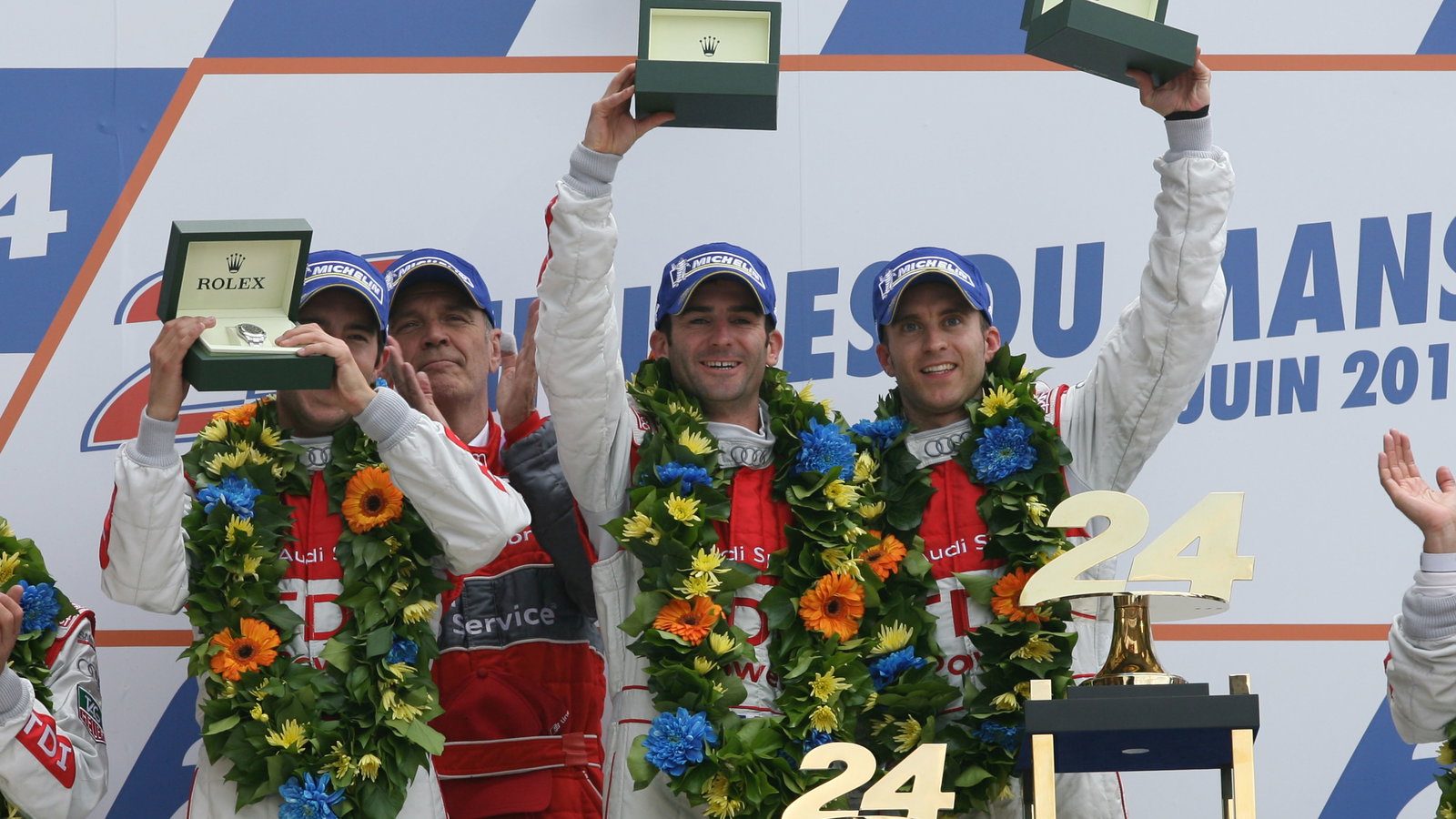 Podium, AUDI SPORT NORTH AMERICA, AUDI R15, Mike ROCKENFELLER (GER)Timo BERNHARD (GER)Romain DUMAS (