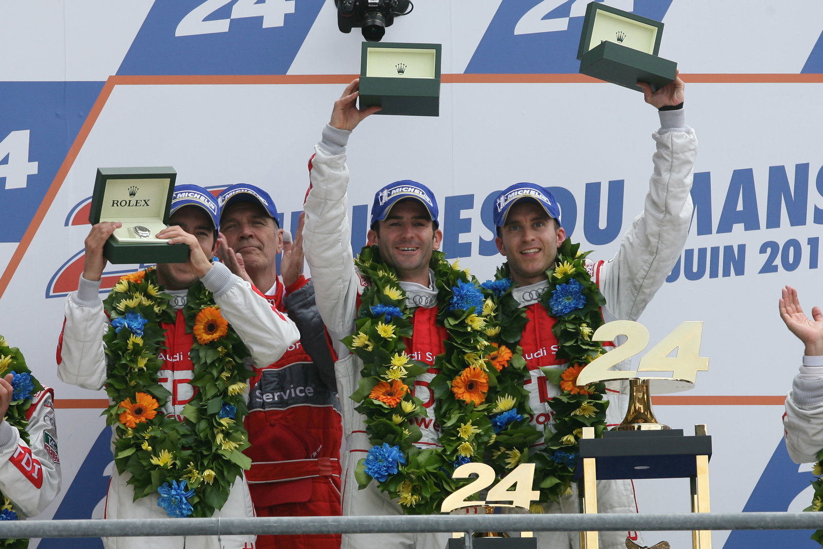 Podium, AUDI SPORT NORTH AMERICA, AUDI R15, Mike ROCKENFELLER (GER)Timo BERNHARD (GER)Romain DUMAS (