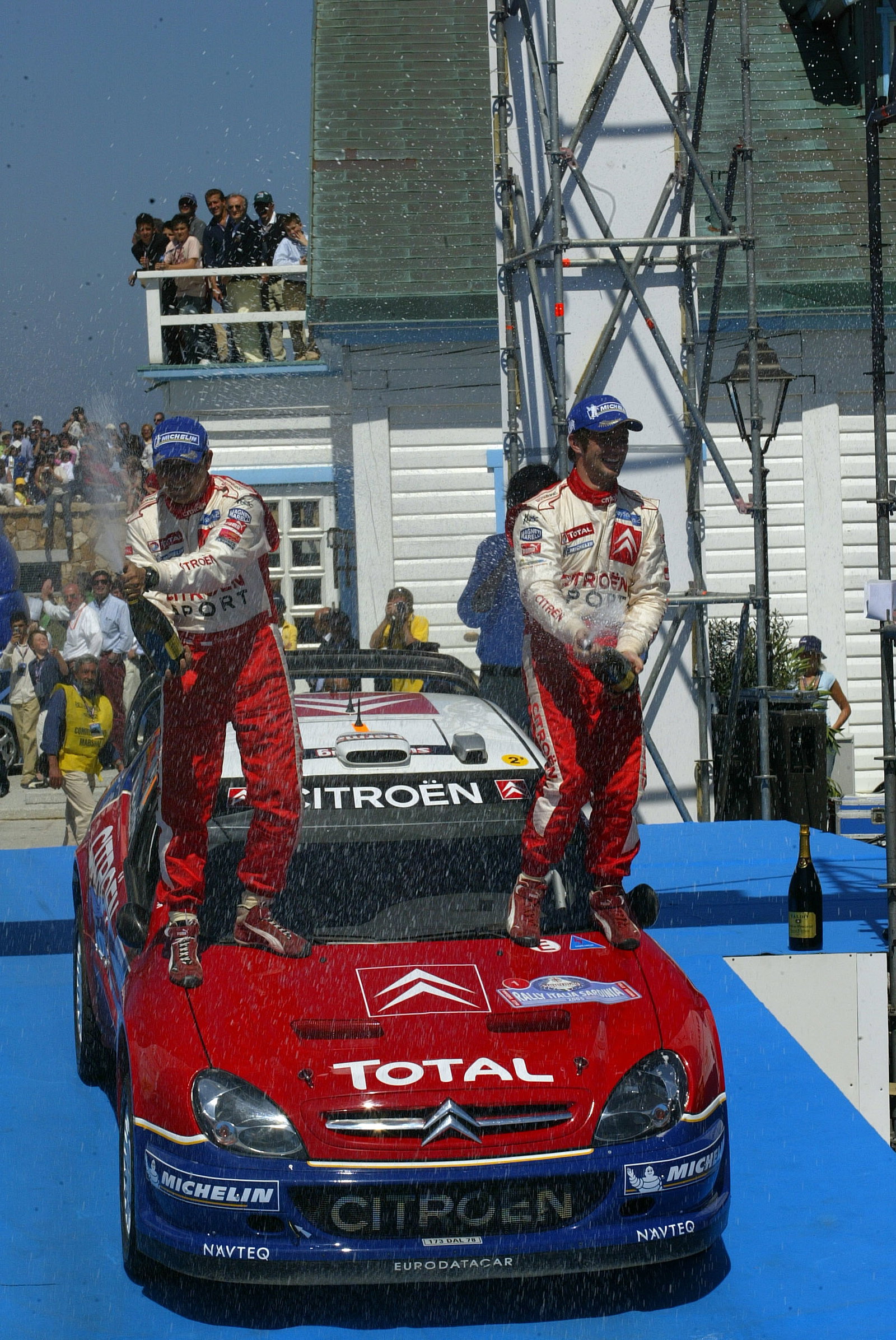 Citroen`s Sebastien Loeb and Daniel Elena celebrate their victory in Sardinia