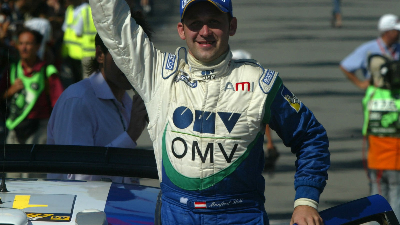 Manfred Stohl celebrates after finishing second in Cyprus