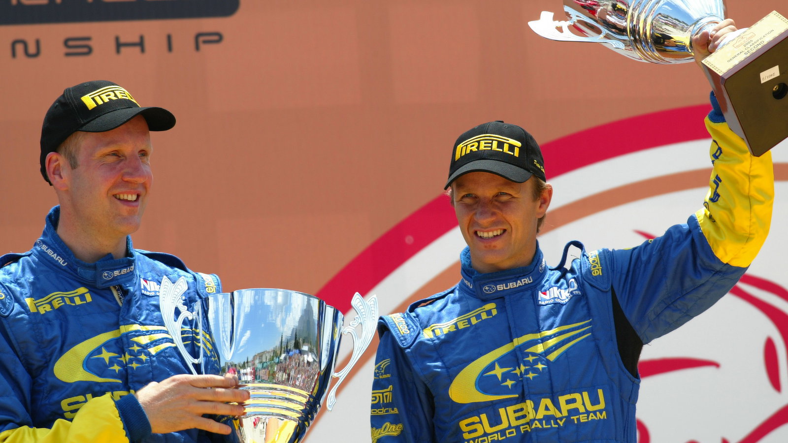 Subaru`s Petter Solberg and Phil Mills on the podium in Turkey after finishing second